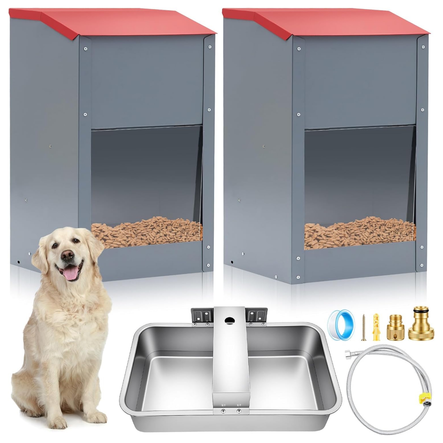 Kit de 2 comederos por gravedad de 11kg en acero galvanizado y bebedero automático de 8.3 litros.