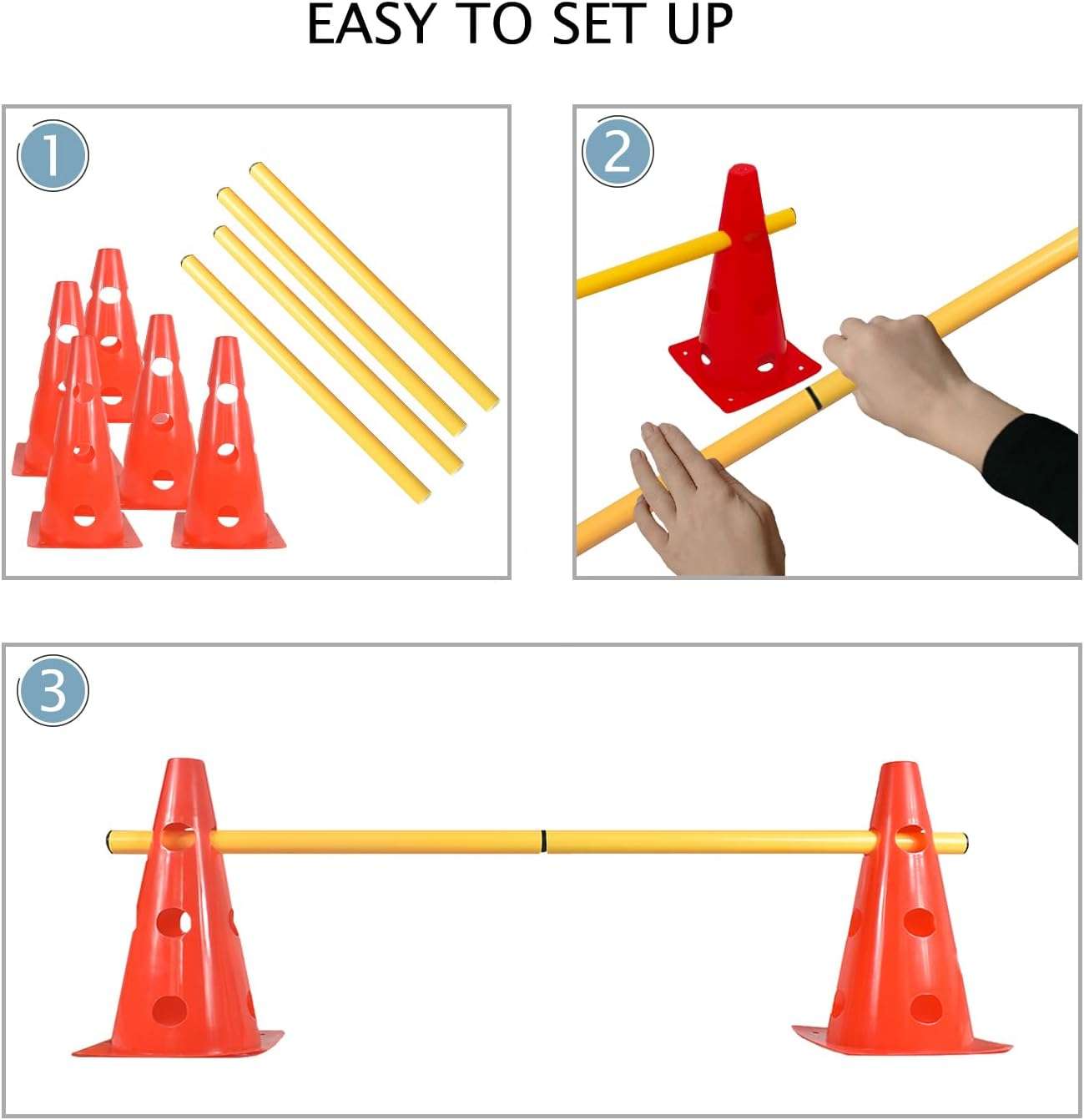 Kit de agility con 6 vallas de salto y conos ajustables para entrenamiento de perros. Obstaculos de colores visibles y material flexible.