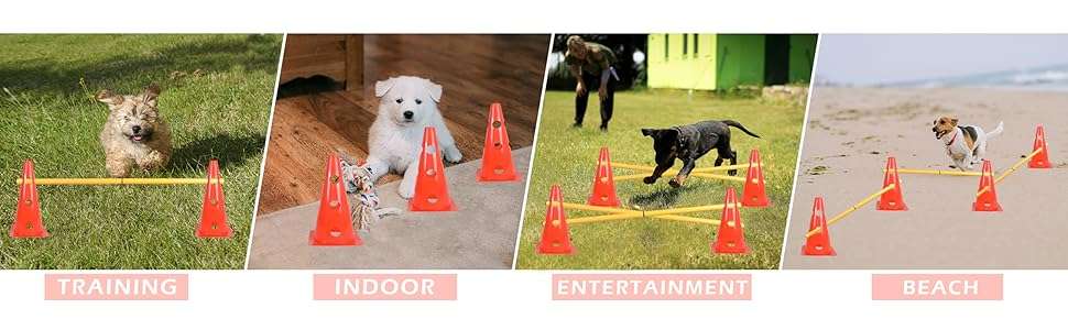 Kit de agility con 6 vallas de salto y conos ajustables para entrenamiento de perros. Obstaculos de colores visibles y material flexible.