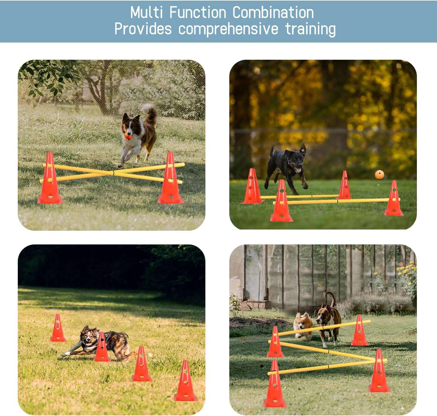 Kit de agility con 6 vallas de salto y conos ajustables para entrenamiento de perros. Obstaculos de colores visibles y material flexible.