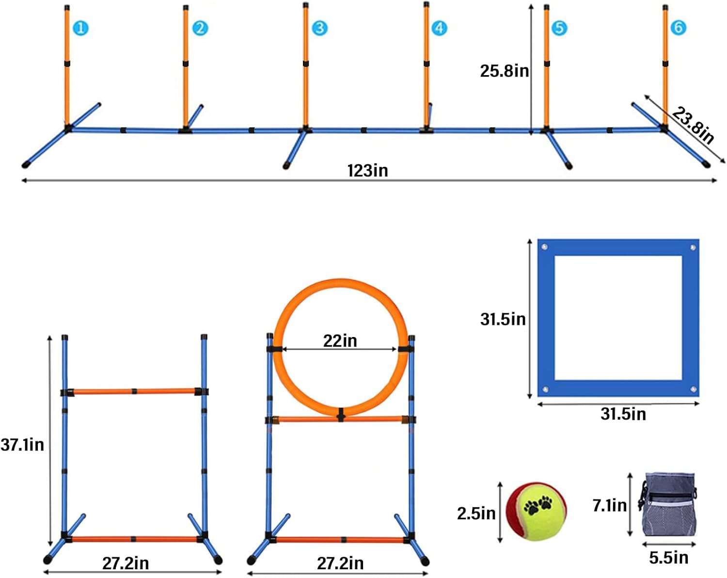 Kit de agility para perros con circuito de obstaculos, vallas, slalom y aro. Equipo de adiestramiento portatil.