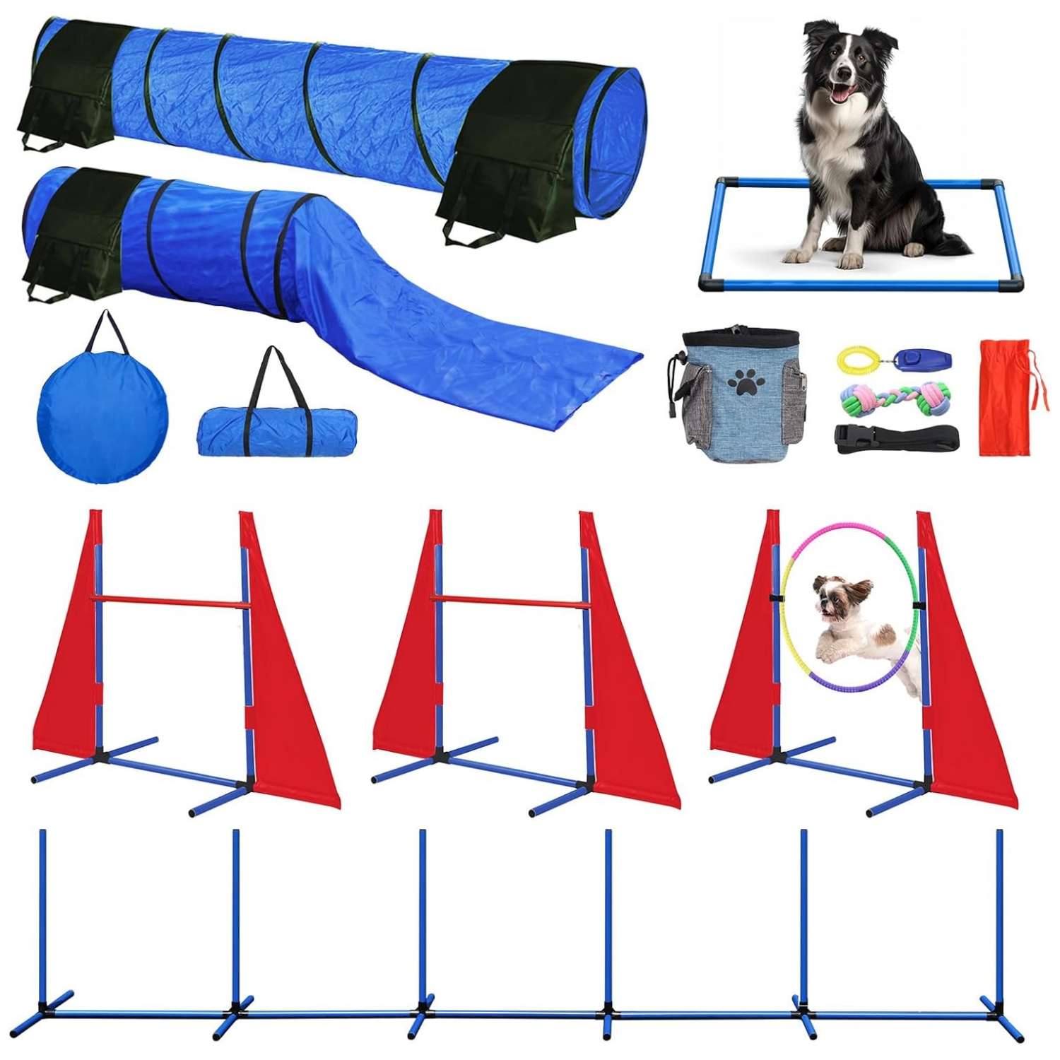 Kit de agility y entrenamiento para perros con 2 tuneles y circuito de obstaculos completo con vallas y slalom.