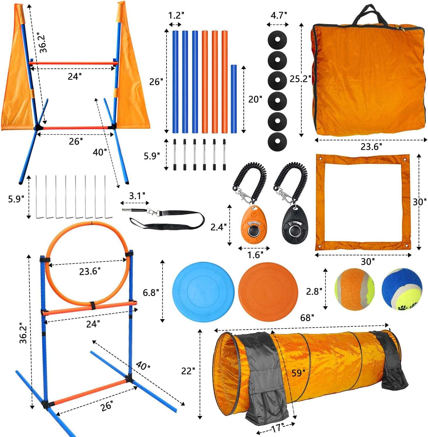 Kit de agility naranja para perros con circuito completo de tunel slalom y vallas. Incluye juguetes y clickers de entrenamiento.