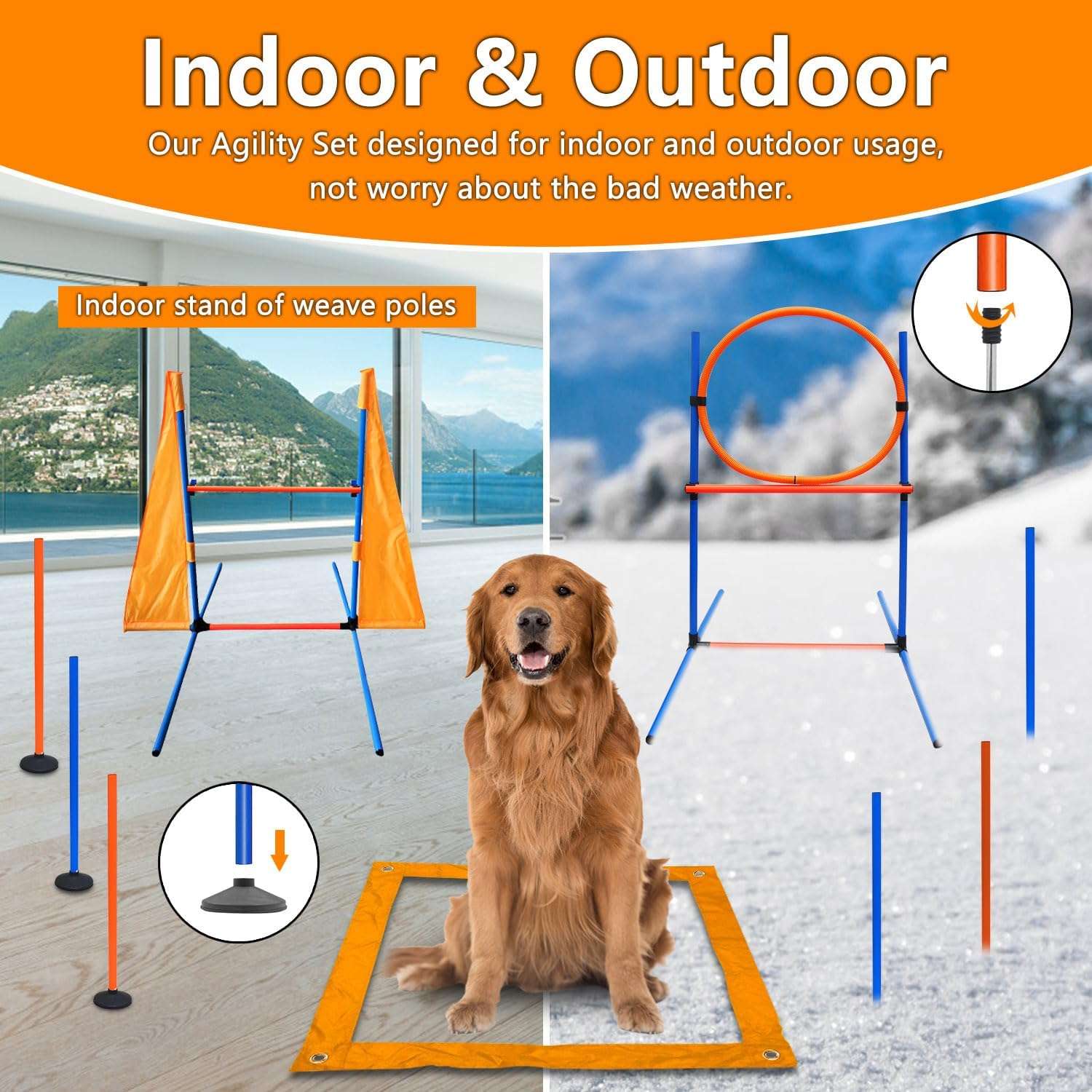 Kit de agility naranja para perros con circuito completo de tunel slalom y vallas. Incluye juguetes y clickers de entrenamiento.