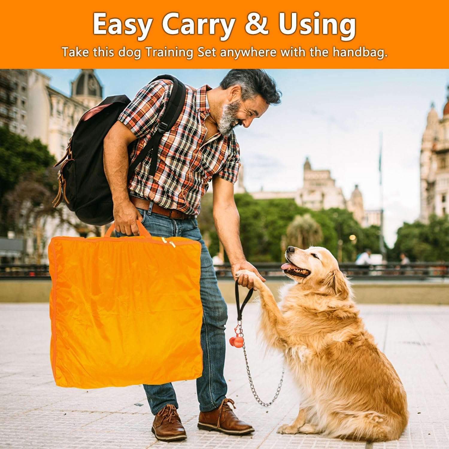 Kit de agility naranja para perros con circuito completo de tunel slalom y vallas. Incluye juguetes y clickers de entrenamiento.