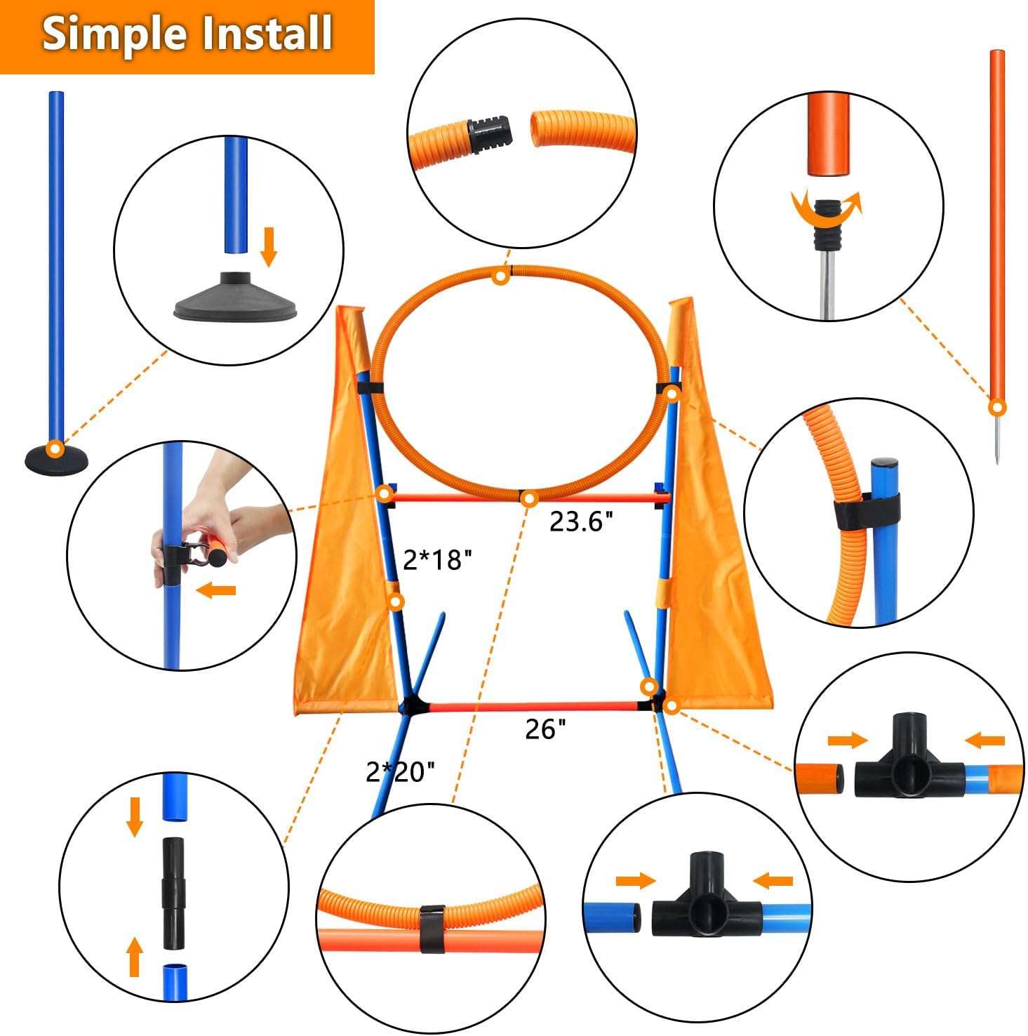 Kit de agility naranja para perros con circuito completo de tunel slalom y vallas. Incluye juguetes y clickers de entrenamiento.