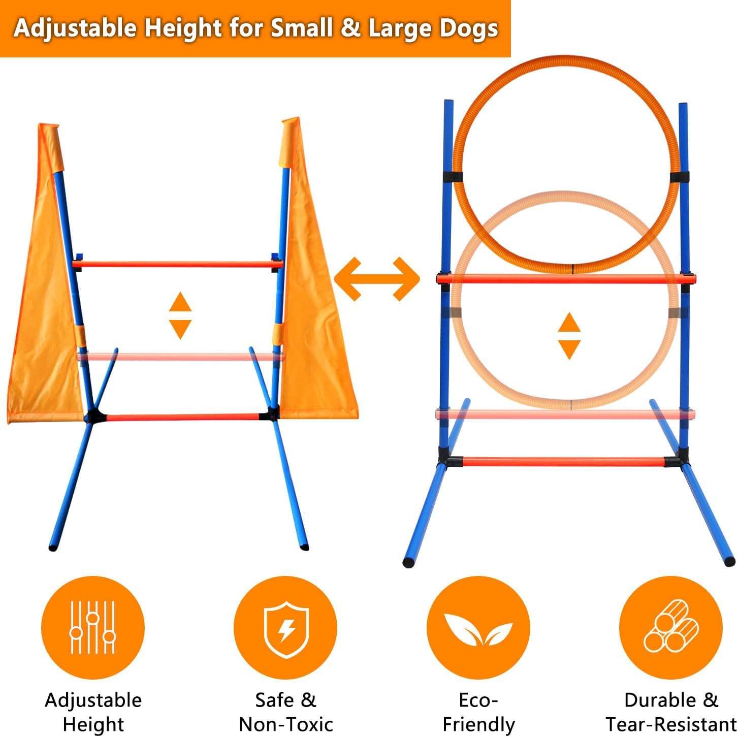 Kit de agility naranja para perros con circuito completo de tunel slalom y vallas. Incluye juguetes y clickers de entrenamiento.