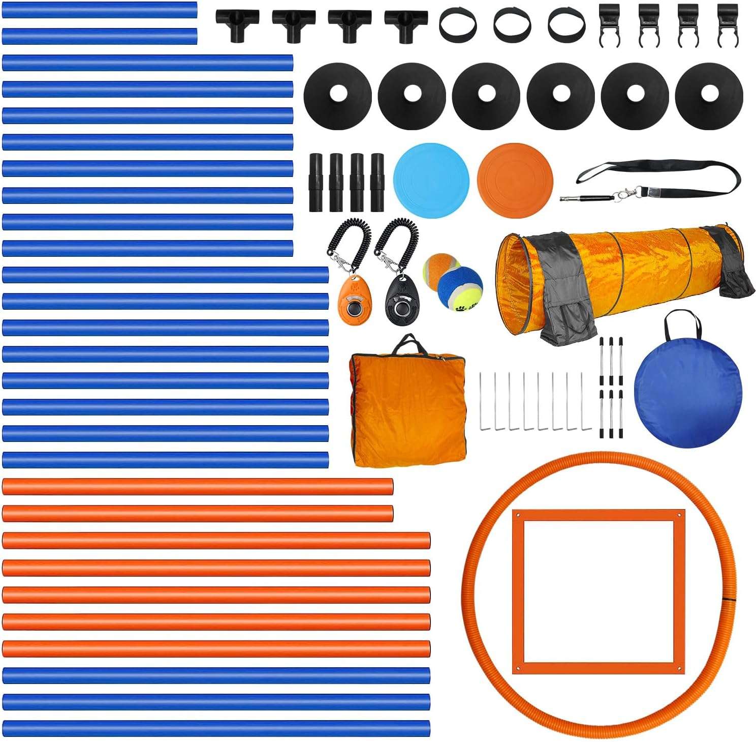 Kit de agility naranja para perros con circuito completo de tunel slalom y vallas. Incluye juguetes y clickers de entrenamiento.