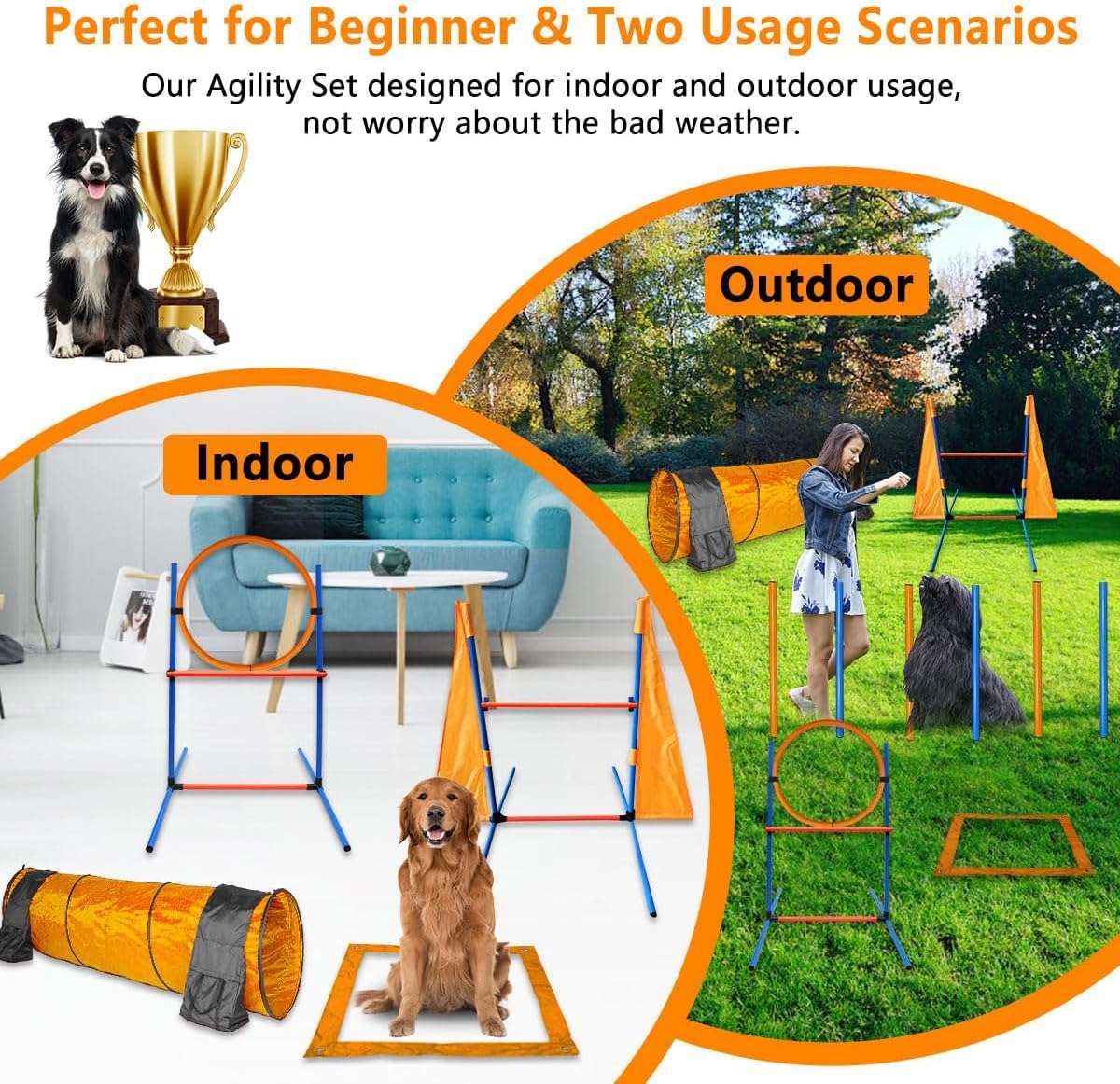 Kit de agility naranja para perros con circuito completo de tunel slalom y vallas. Incluye juguetes y clickers de entrenamiento.