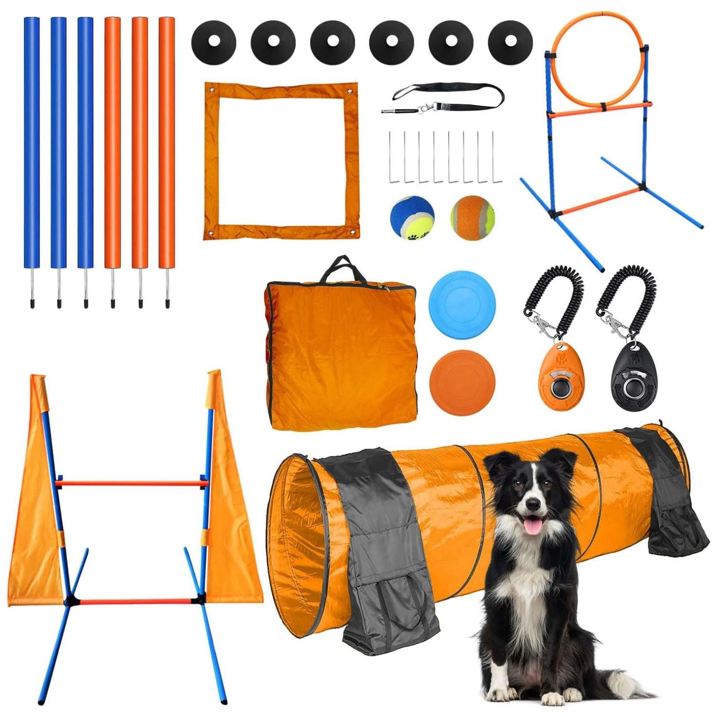 Kit de agility naranja para perros con circuito completo de tunel slalom y vallas. Incluye juguetes y clickers de entrenamiento.