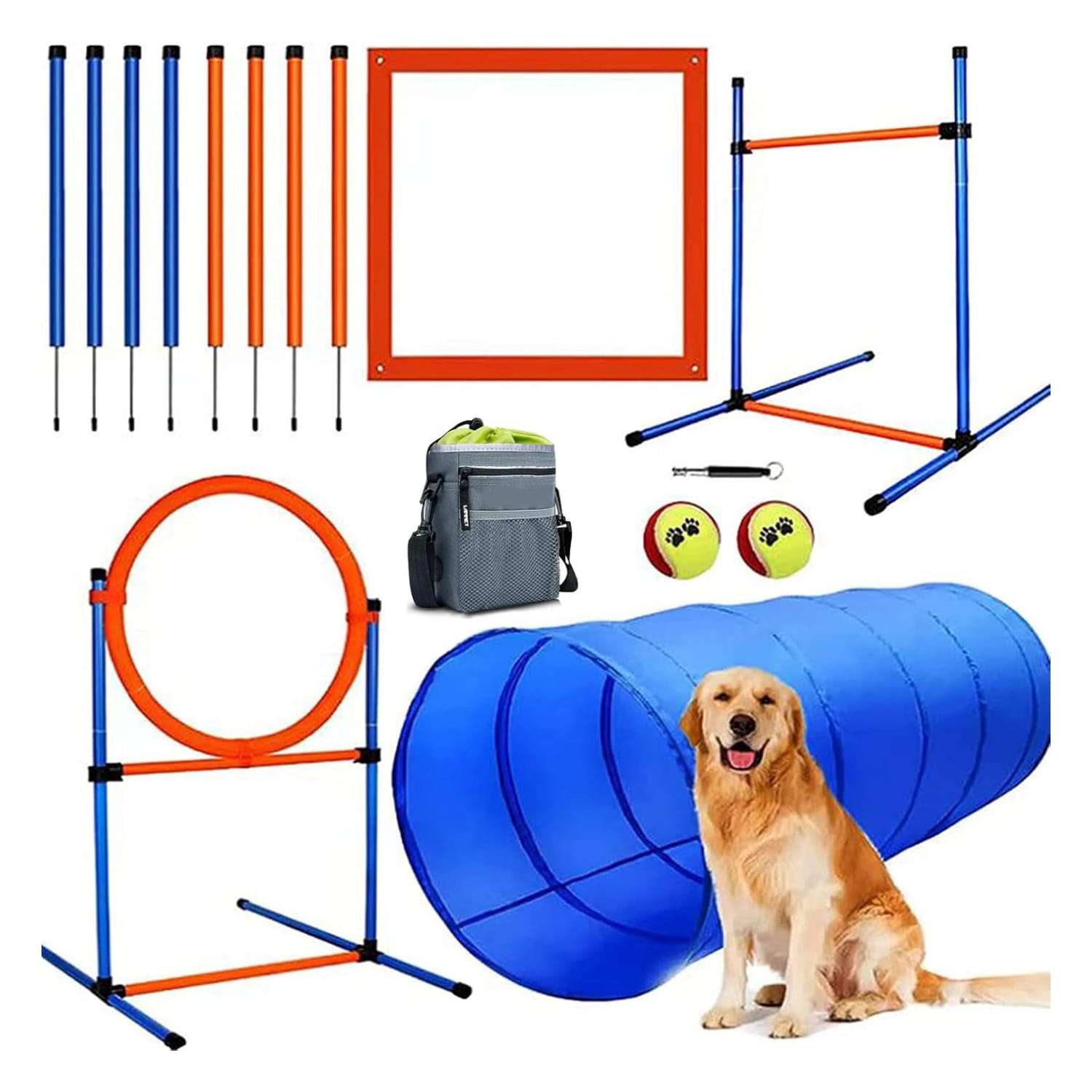 Kit de agility para perros con circuito de obstaculos completo. Incluye tunel, aro, vallas, 8 postes de slalom y accesorios de entrenamiento.