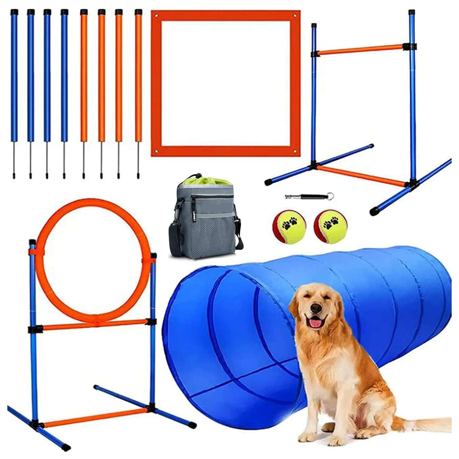 Kit de agility para perros con circuito de obstaculos completo. Incluye tunel, aro, vallas, 8 postes de slalom y accesorios de entrenamiento.