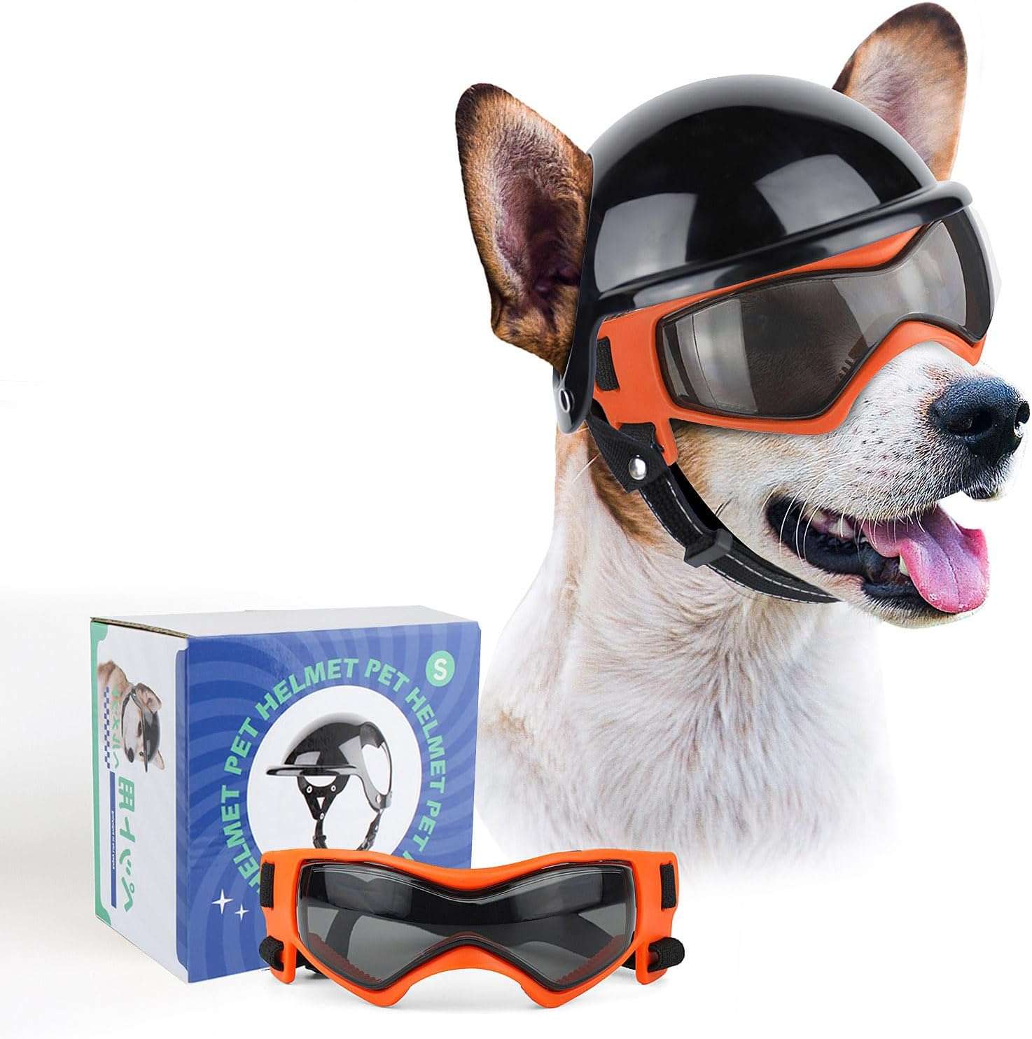 Kit de casco con orificios para orejas y lentes antiparras para perros medianos moto.