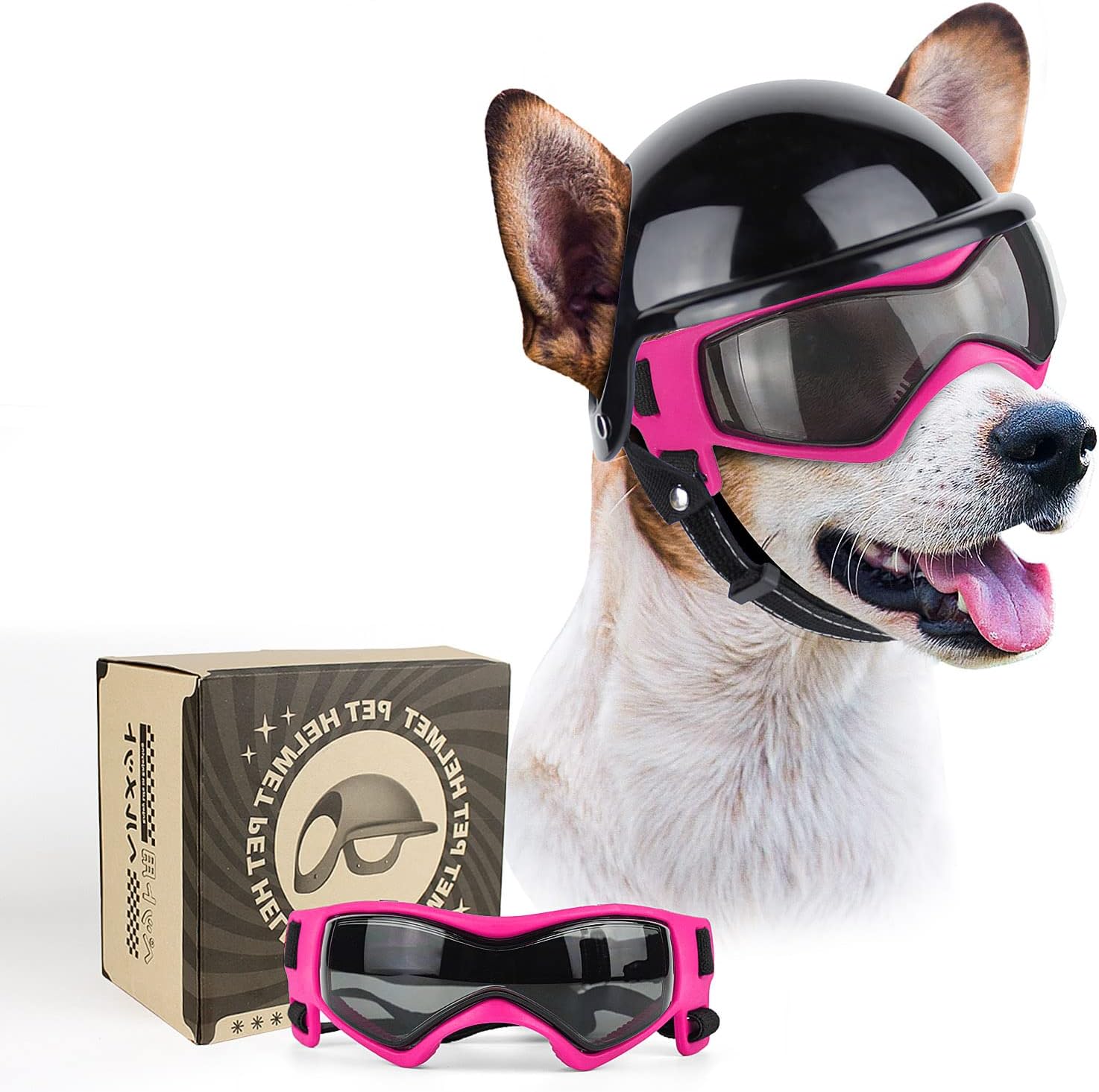 Kit de casco con orificios para orejas y lentes antiparras para perros medianos moto.