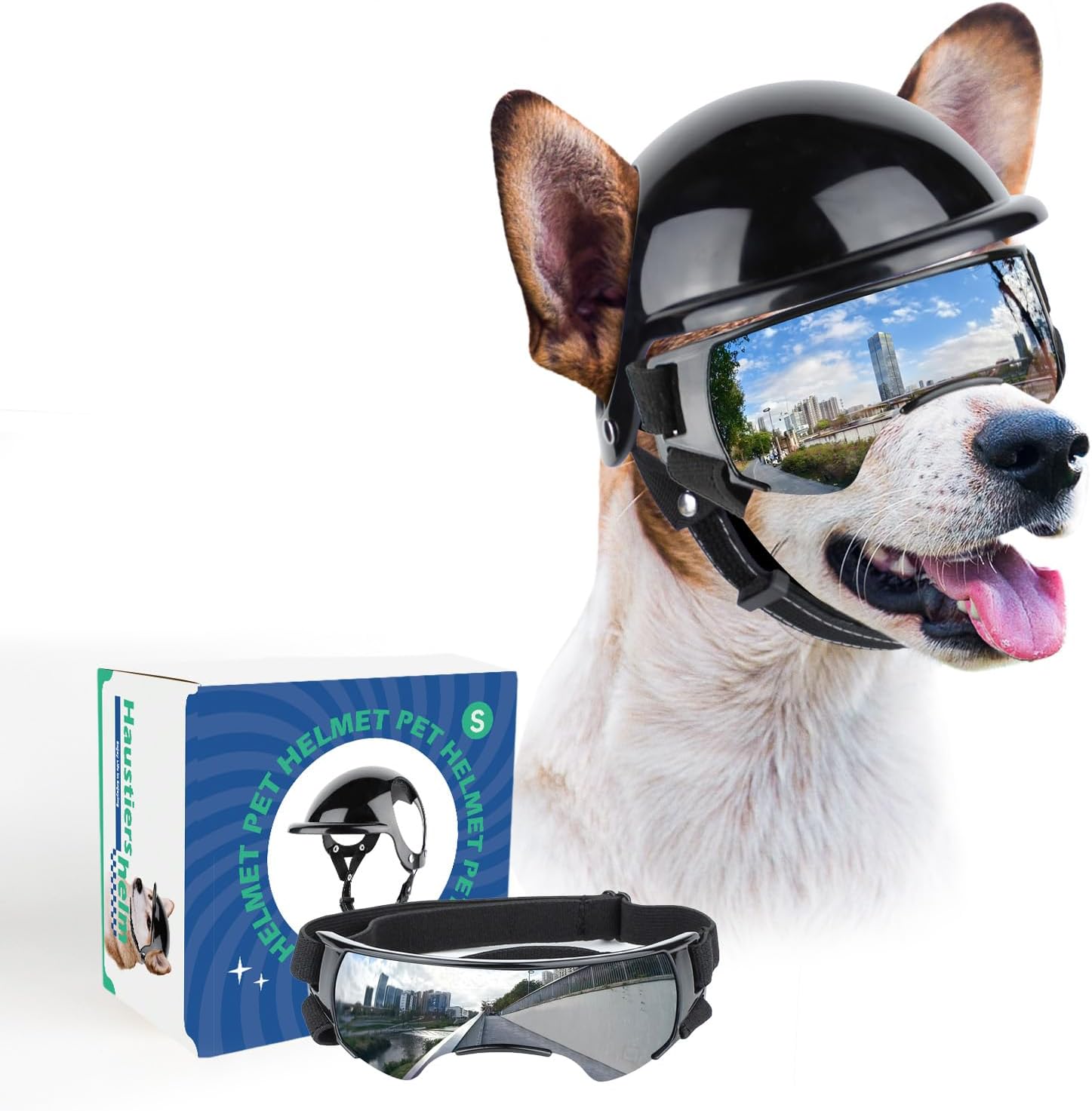 Kit de casco con orificios para orejas y lentes antiparras para perros medianos moto.