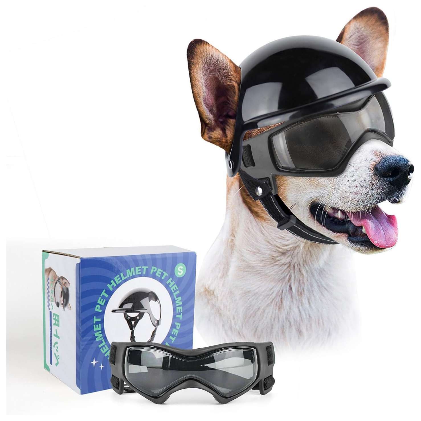 Kit de casco con orificios para orejas y lentes antiparras para perros medianos moto.