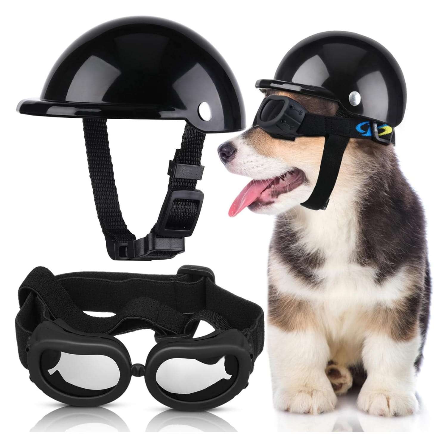 Kit de casco de moto y lentes antiparras para perros ajustable con proteccion UV.