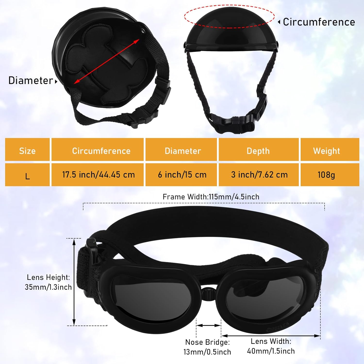 Kit de casco de moto y lentes antiparras para perros ajustable con proteccion UV.