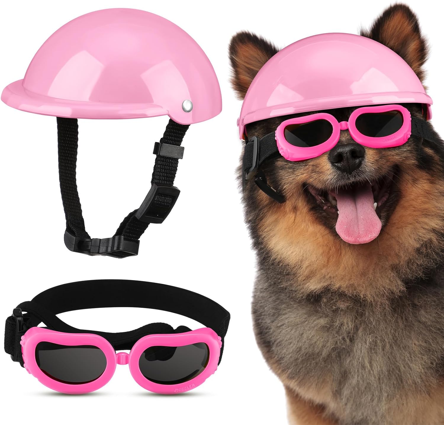 Kit de casco de moto y lentes antiparras para perros ajustable con proteccion UV.