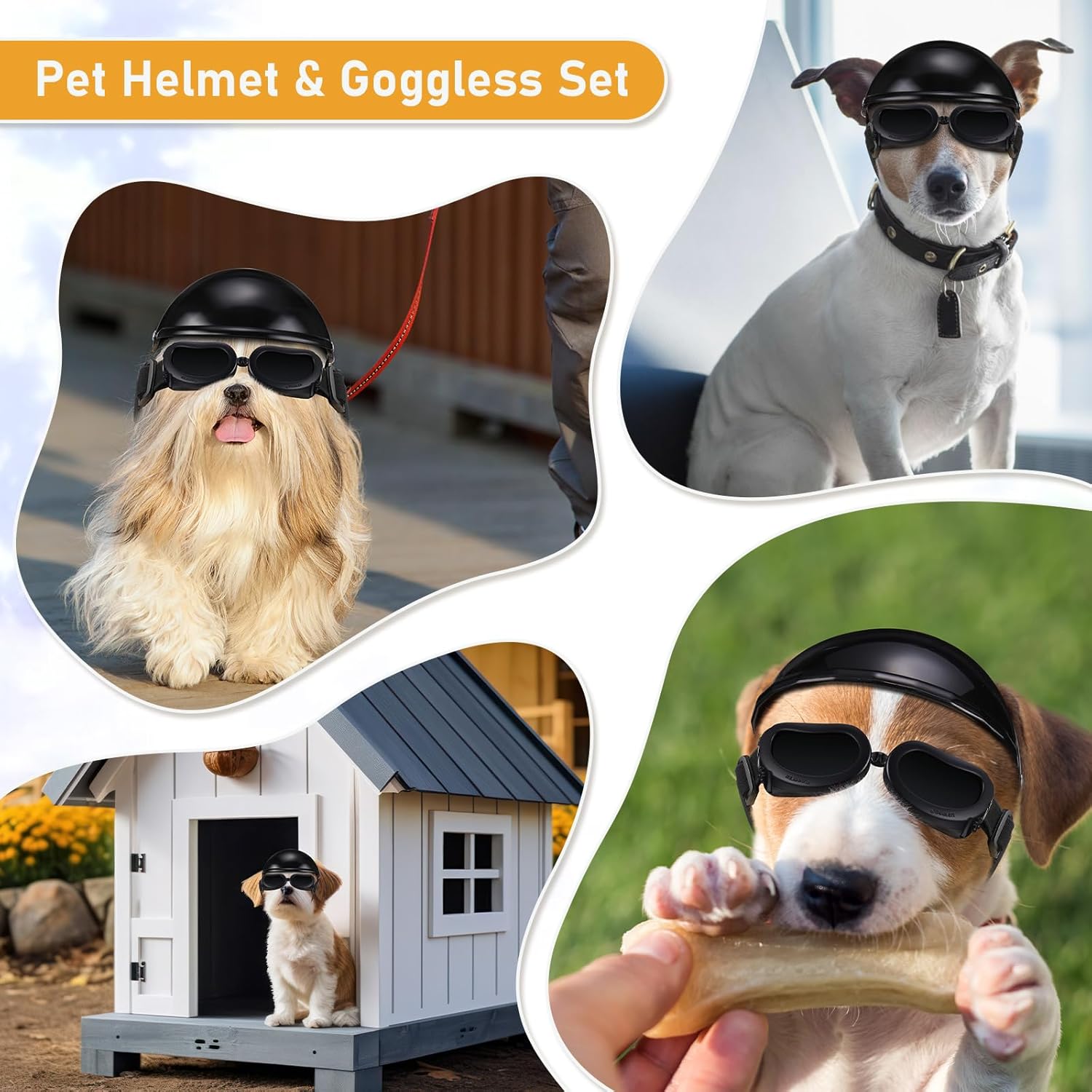 Kit de casco de moto y lentes antiparras para perros ajustable con proteccion UV.