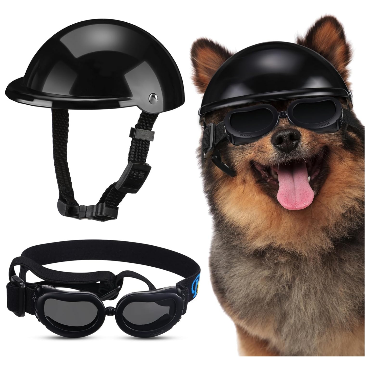 Kit de casco de moto y lentes antiparras para perros ajustable con proteccion UV.