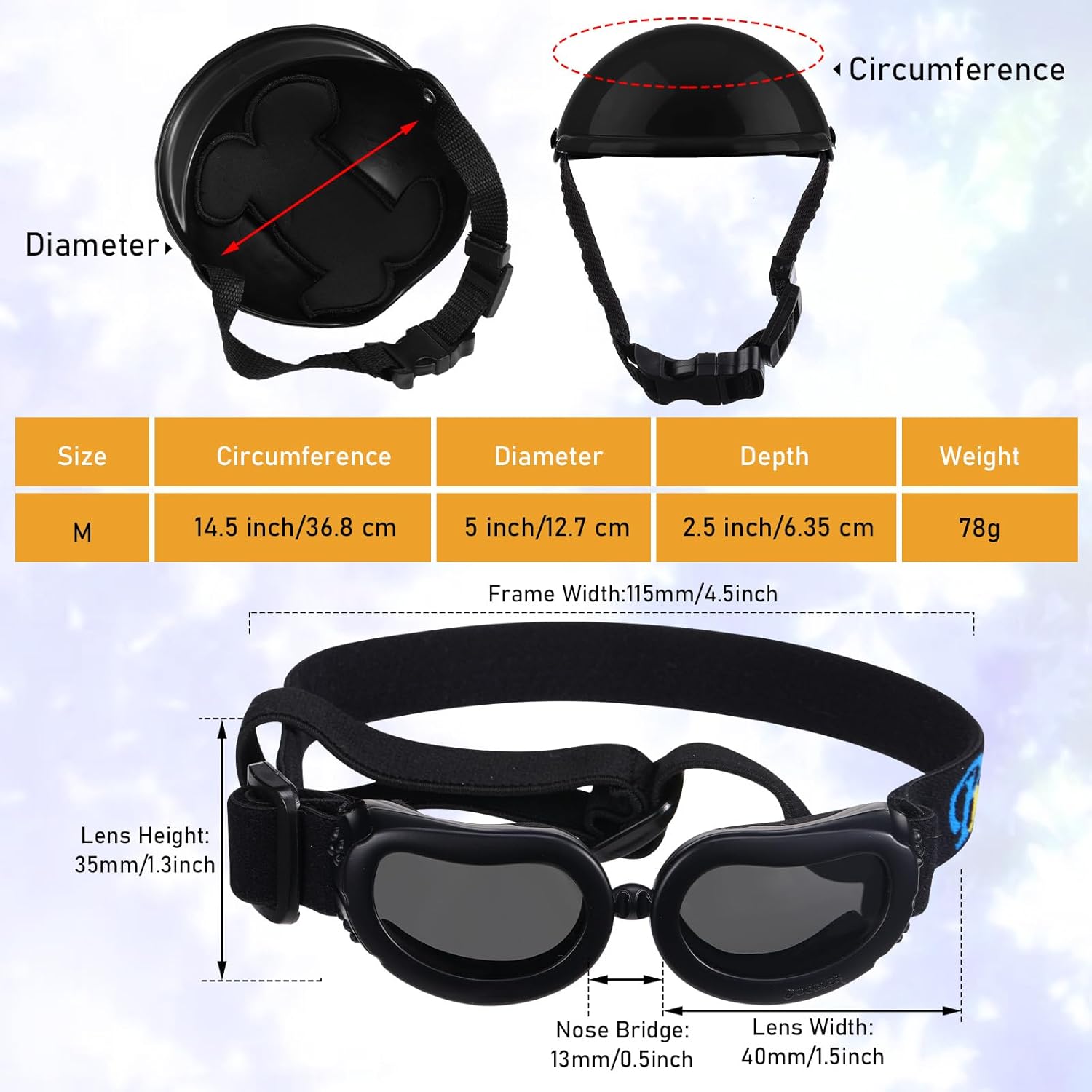 Kit de casco de moto y lentes antiparras para perros ajustable con proteccion UV.