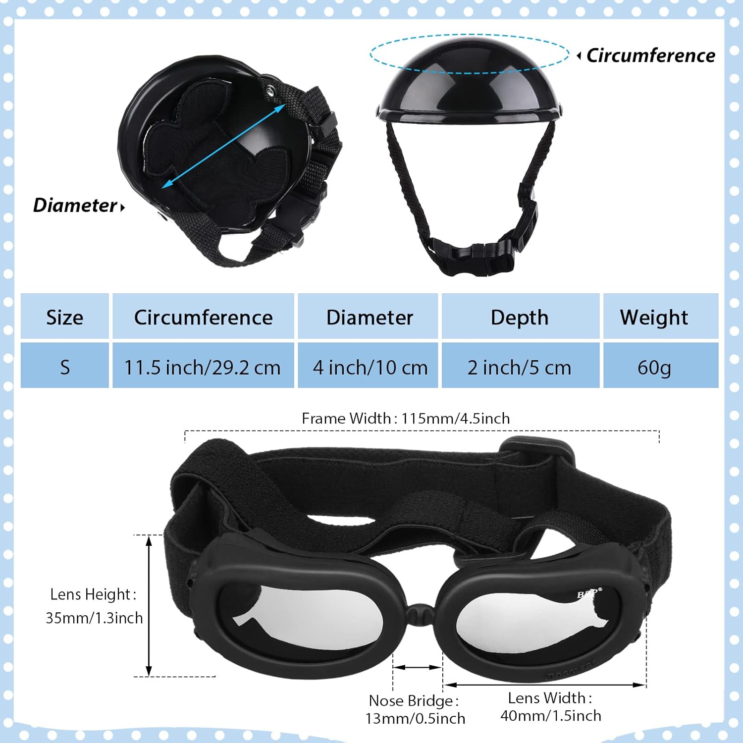 Kit de casco de moto y lentes antiparras para perros ajustable con proteccion UV.