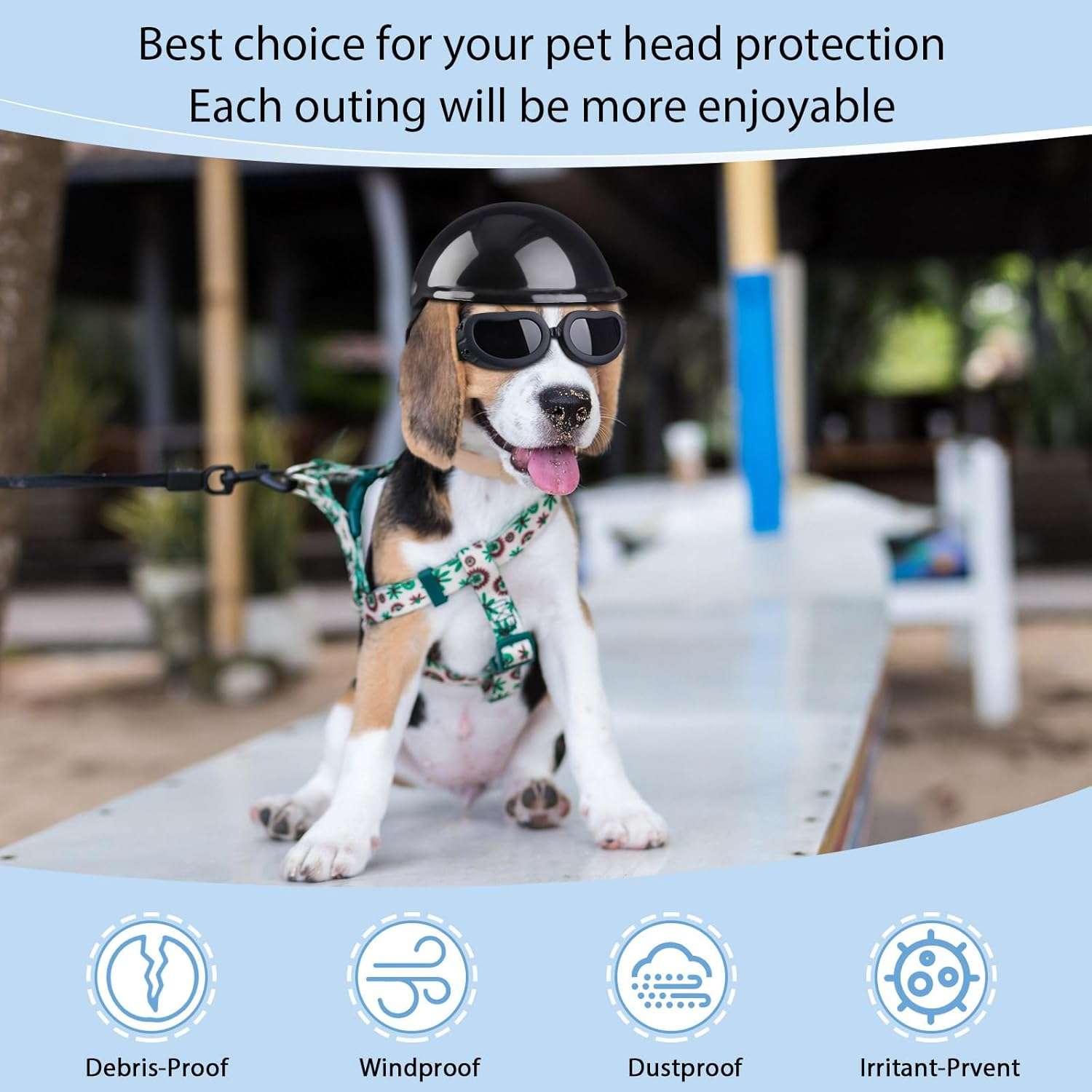 Kit de casco de moto y lentes antiparras para perros ajustable con proteccion UV.