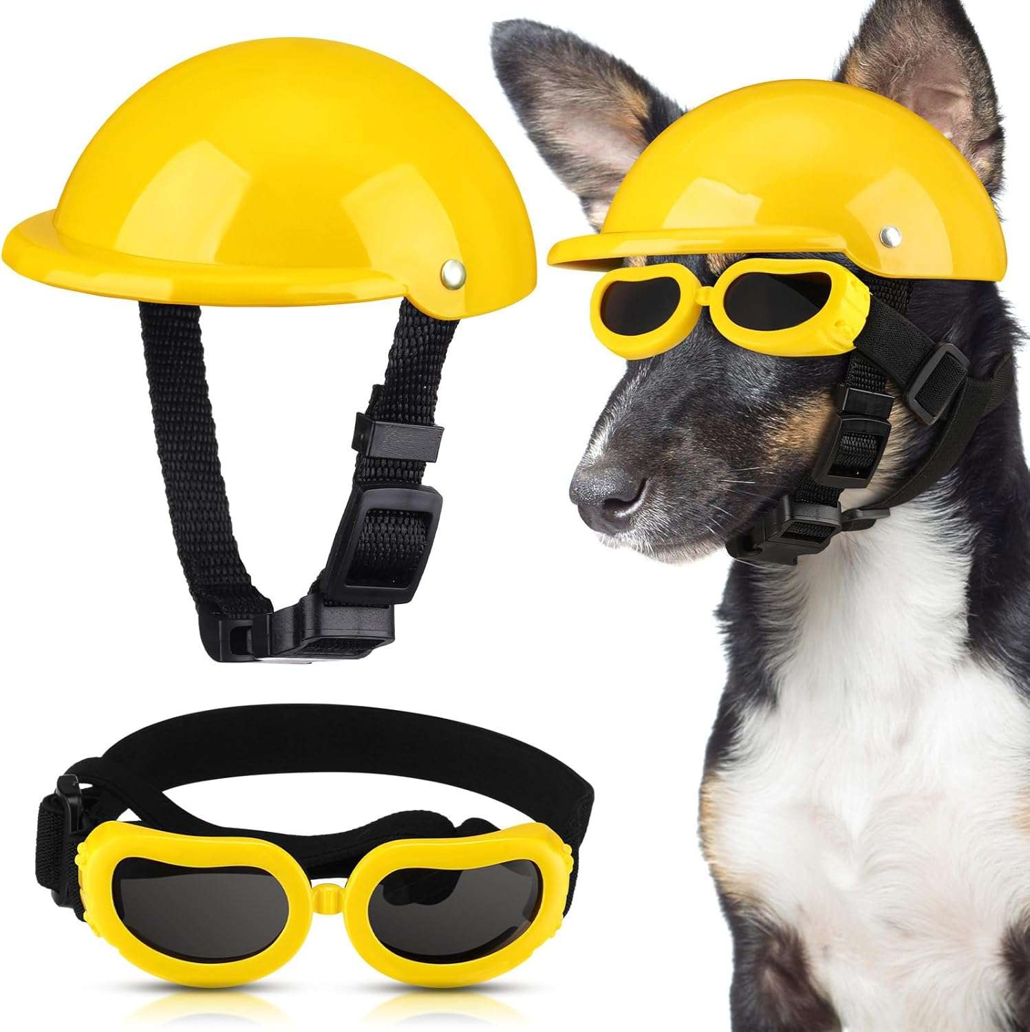 Kit de casco de moto y lentes antiparras para perros ajustable con proteccion UV.