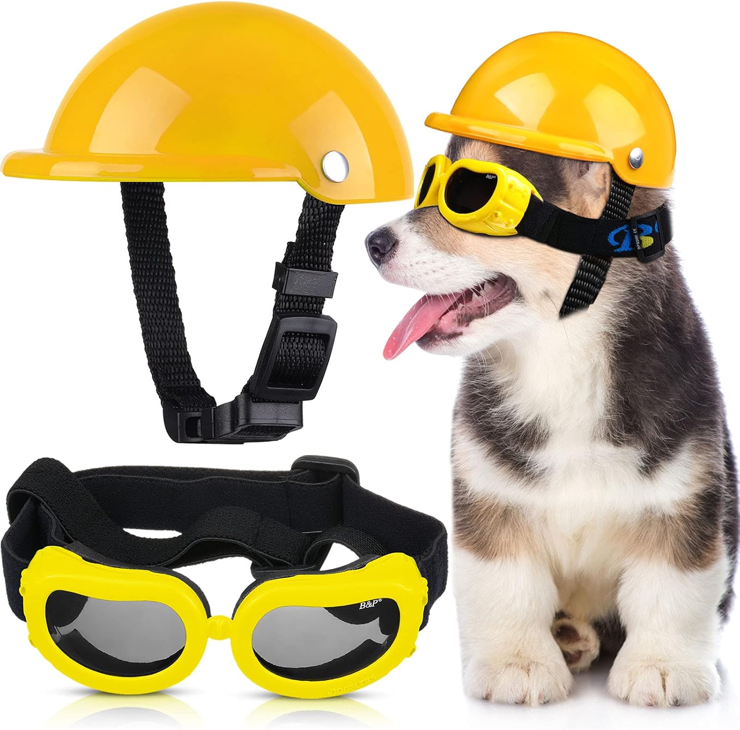 Kit de casco de moto y lentes antiparras para perros ajustable con proteccion UV.