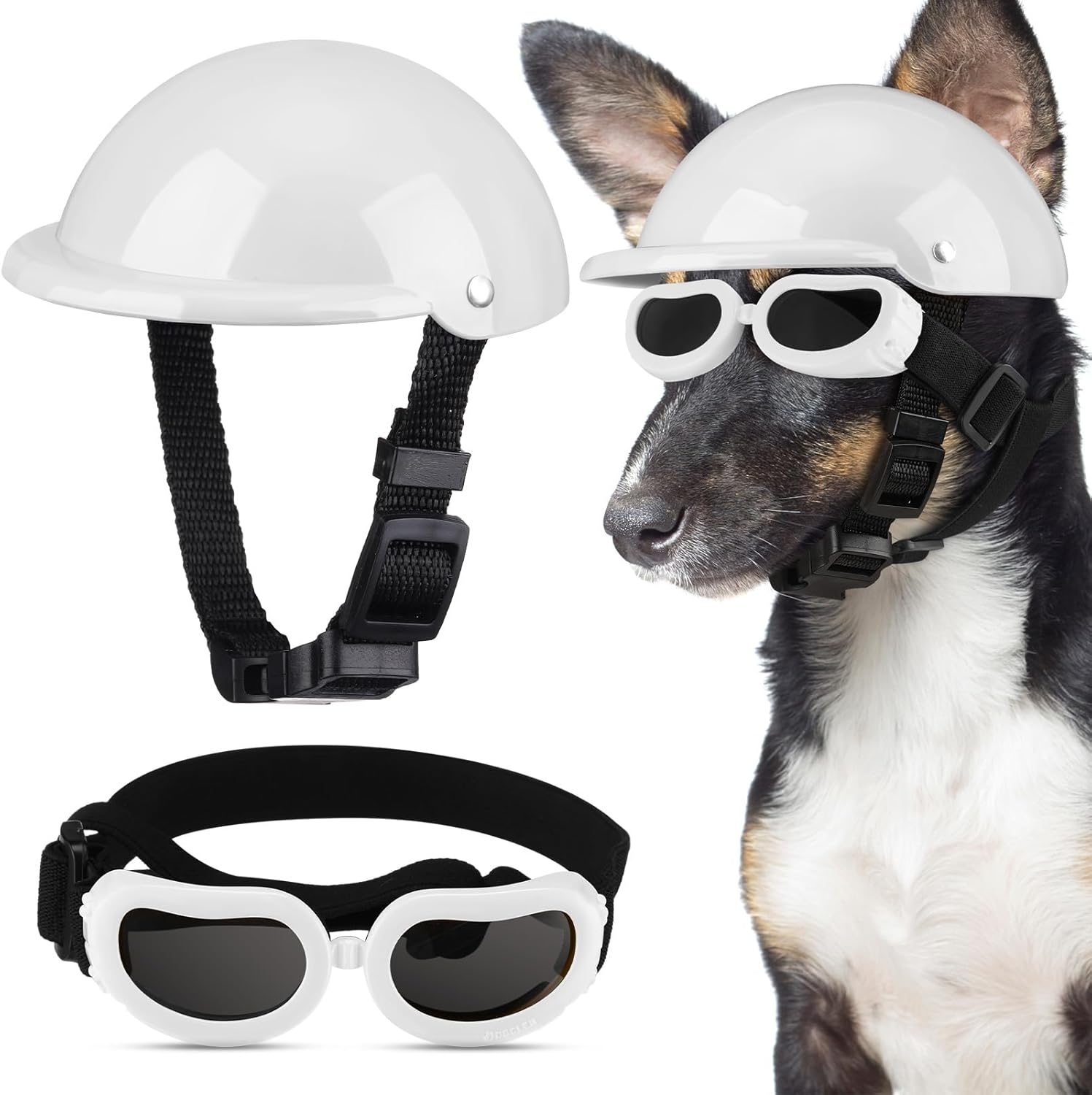 Kit de casco de moto y lentes antiparras para perros ajustable con proteccion UV.
