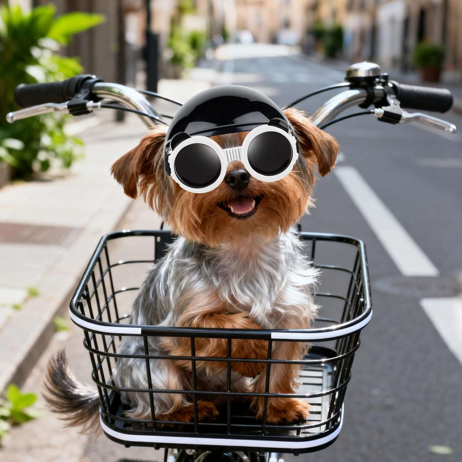 Kit de seguridad para mascotas mini con casco de orejas descubiertas y antiparras UV.