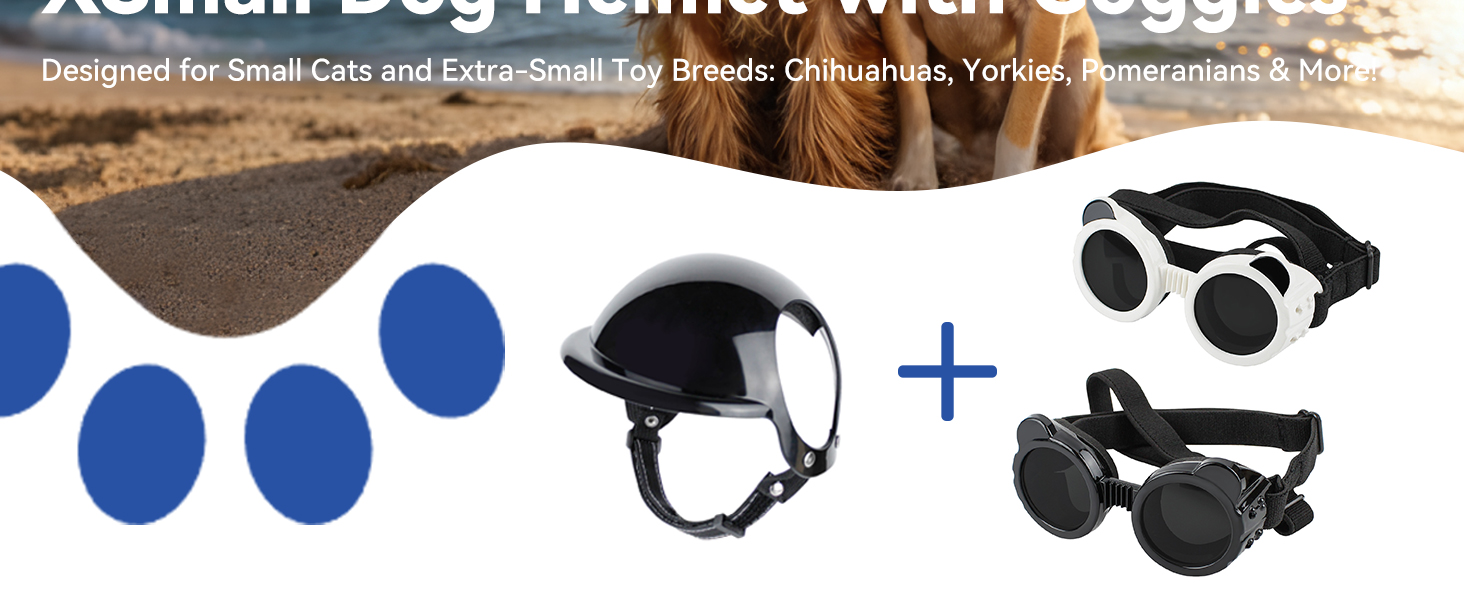 Kit de seguridad para mascotas mini con casco de orejas descubiertas y antiparras UV.