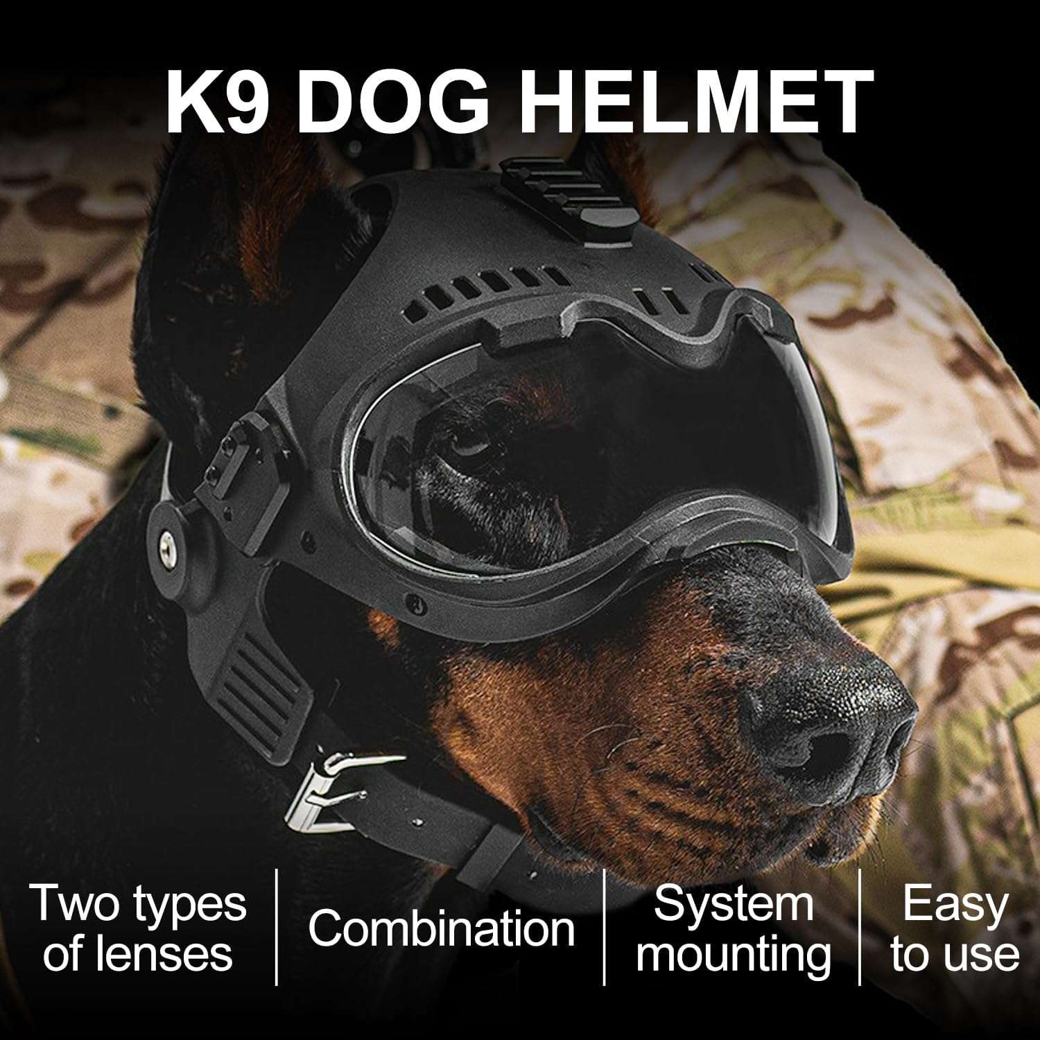 Kit tactico de casco con orificios para orejas y antiparras de proteccion UV para perros medianos.