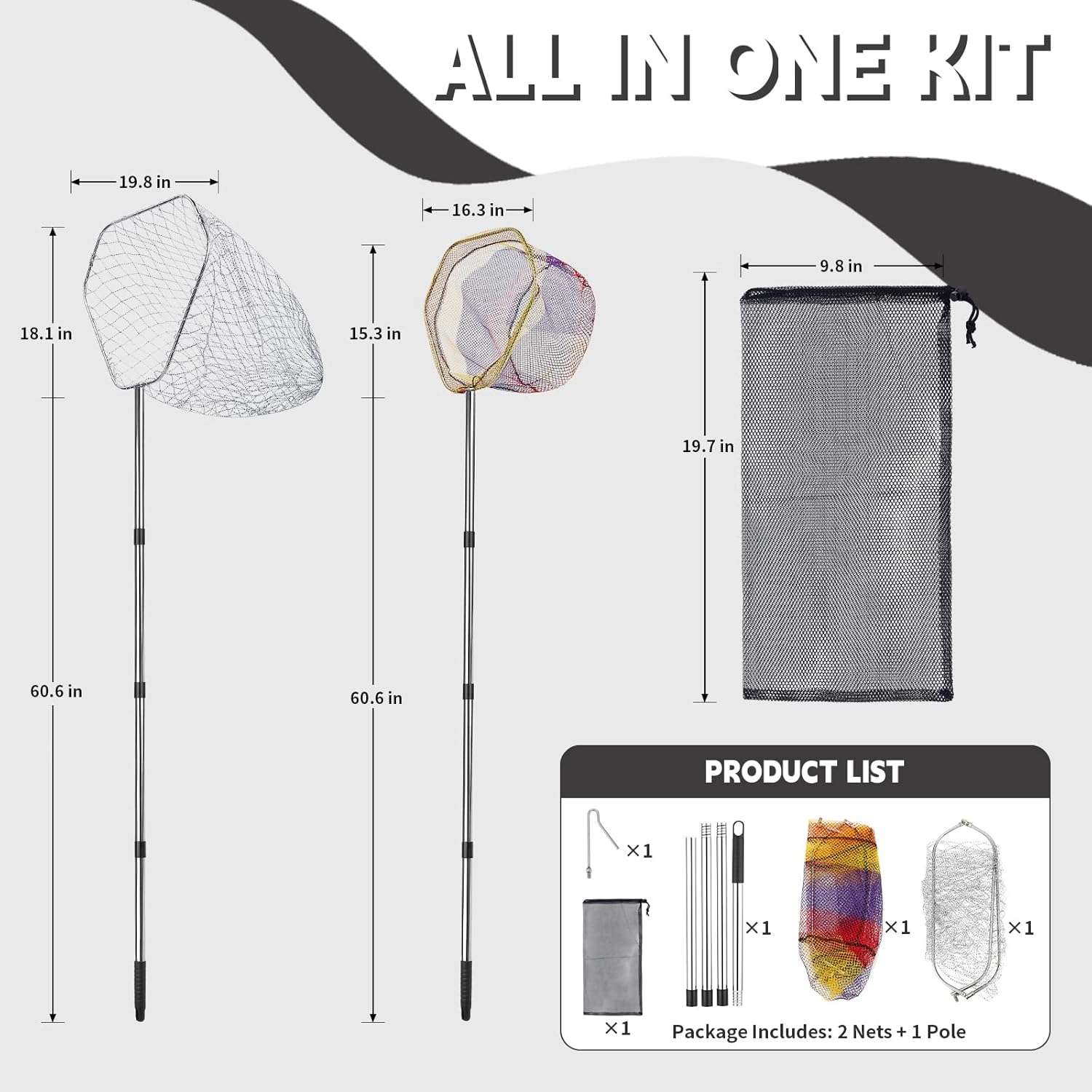 Kit de captura 3 en 1 con dos redes y gancho de metal para aves y animales. Palo extensible de acero inoxidable.