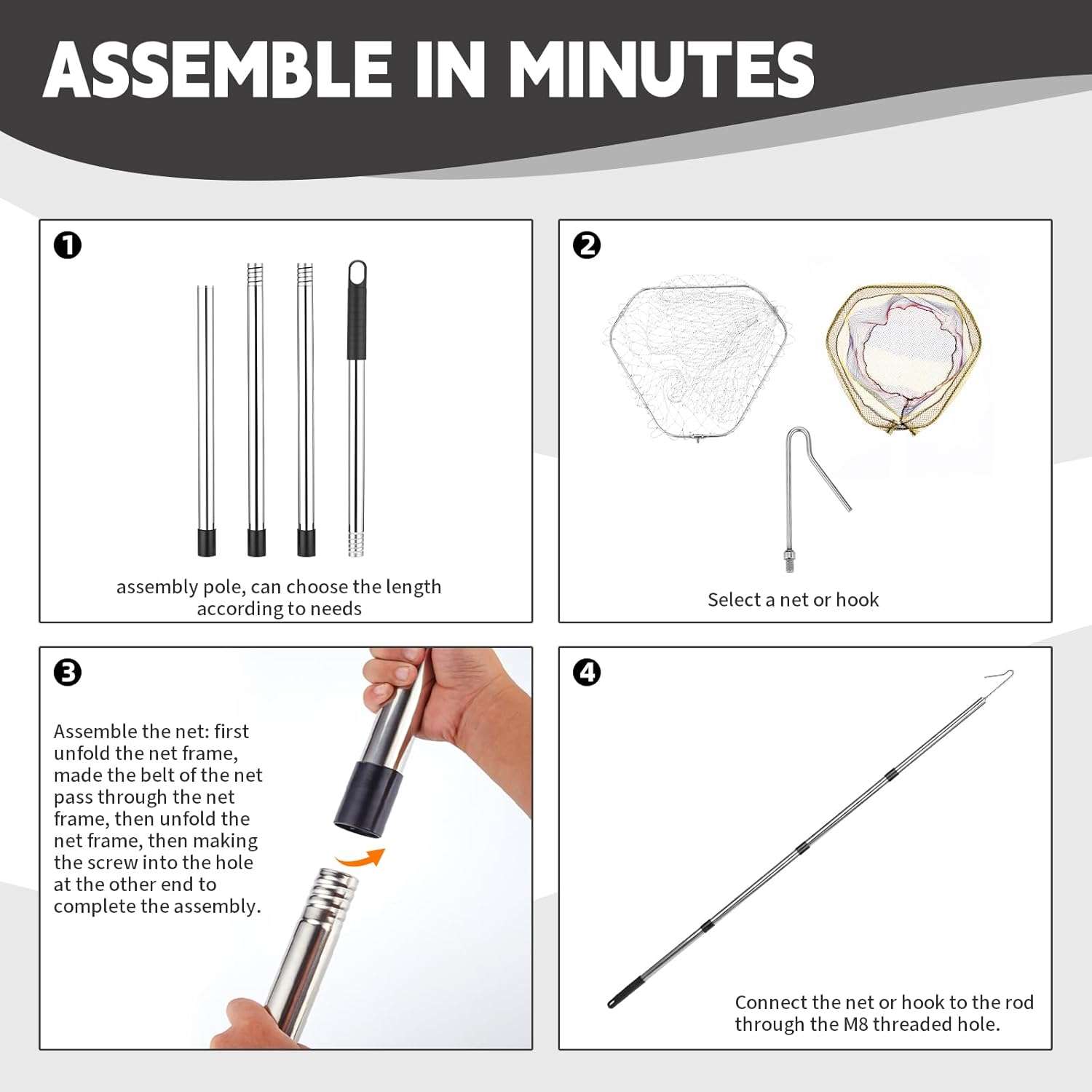 Kit de captura 3 en 1 con dos redes y gancho de metal para aves y animales. Palo extensible de acero inoxidable.