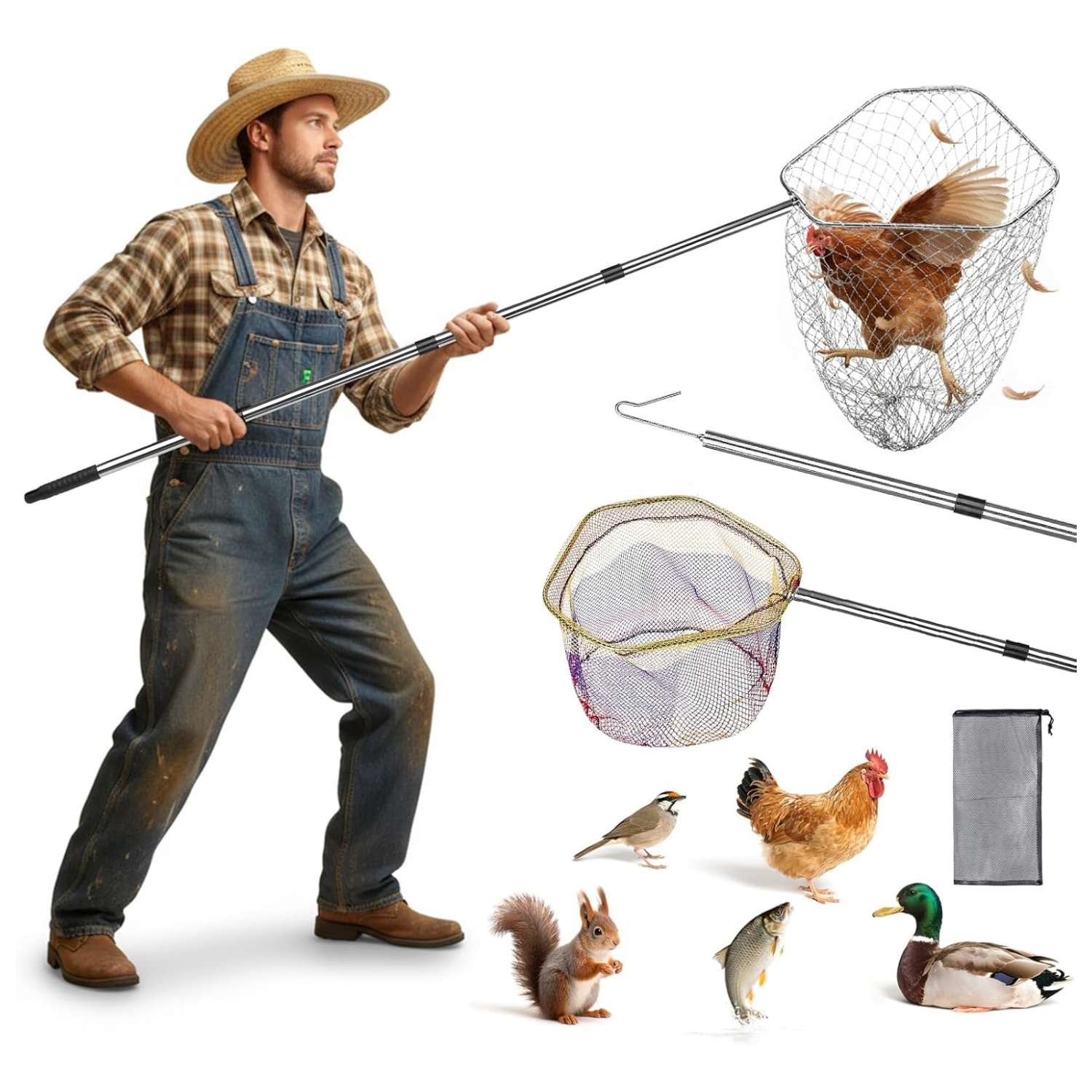 Kit de captura 3 en 1 con dos redes y gancho de metal para aves y animales. Palo extensible de acero inoxidable.