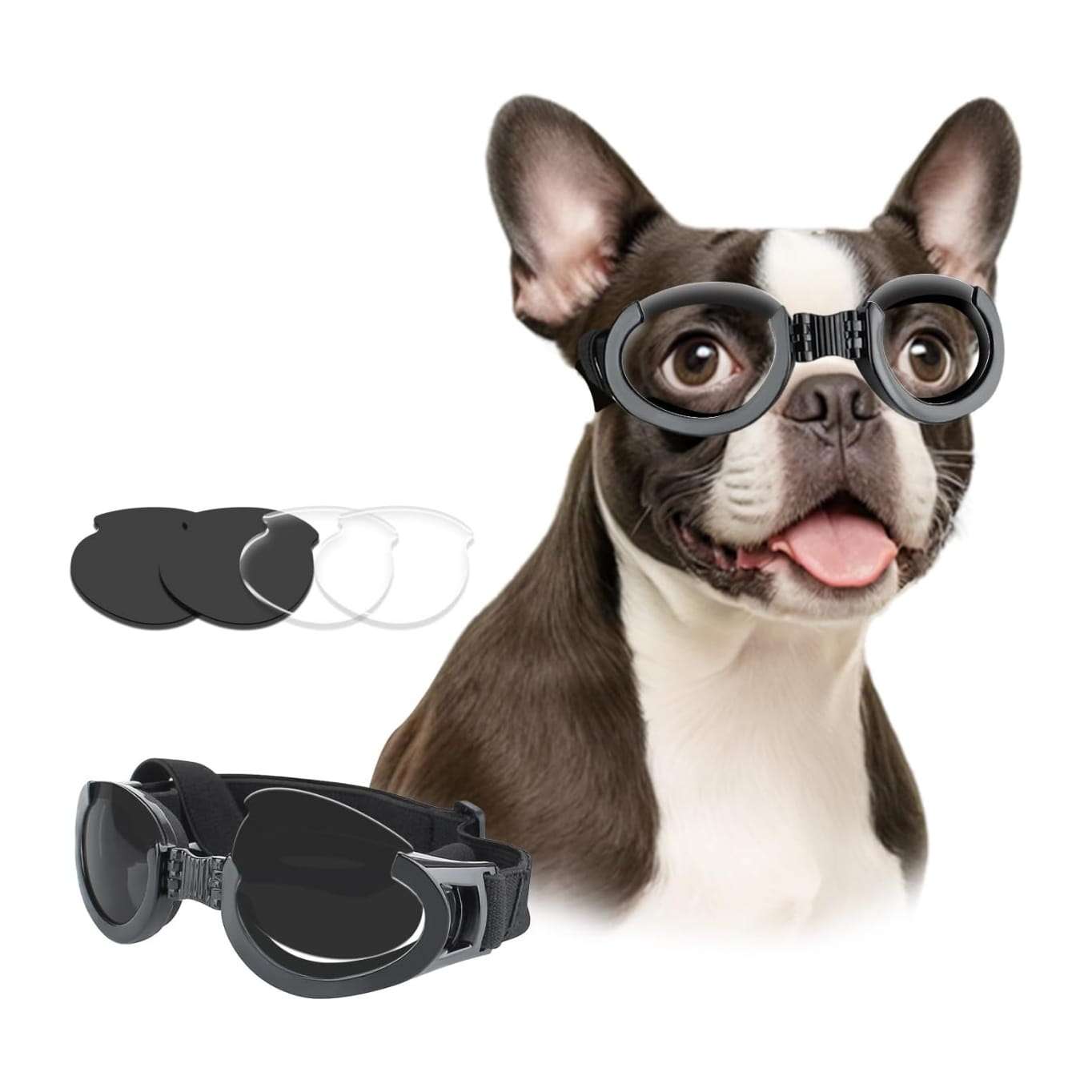 Lentes antiparras para perros con micas intercambiables transparente y oscura proteccion UV.