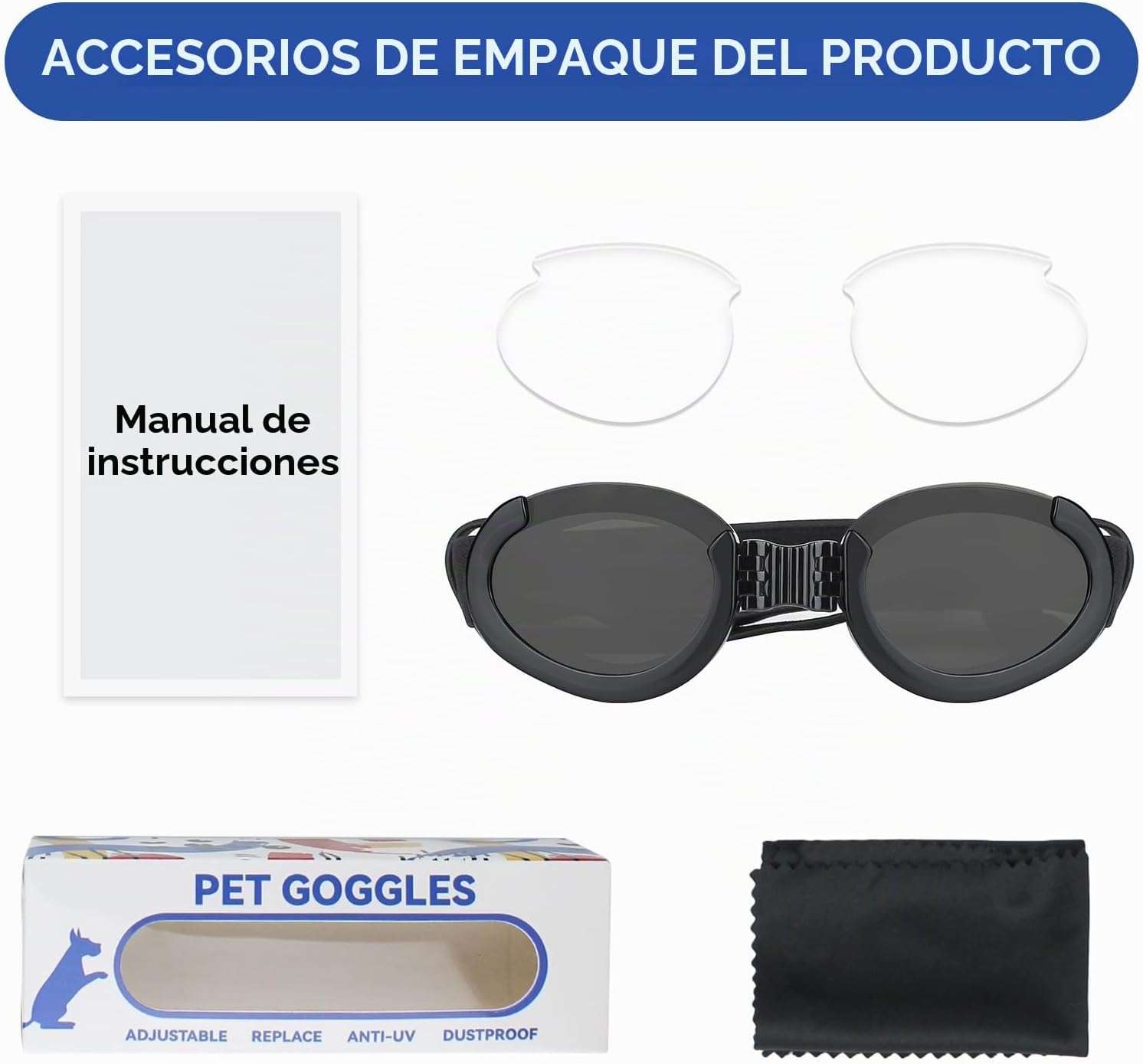Lentes antiparras para perros con micas intercambiables transparente y oscura proteccion UV.