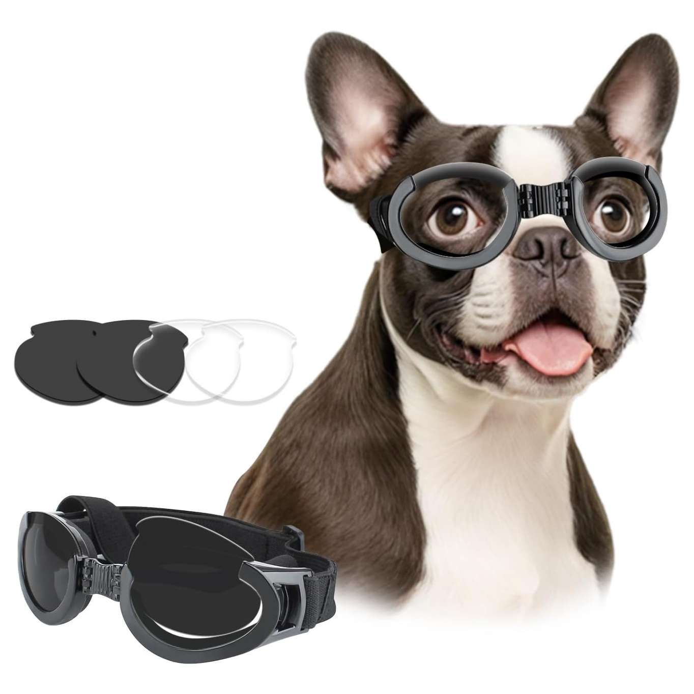 Lentes antiparras para perros con micas intercambiables transparente y oscura proteccion UV.
