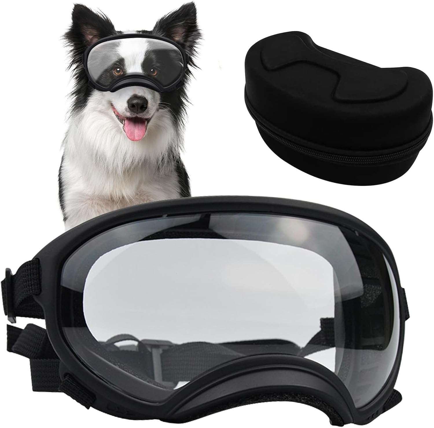 Lentes antiparras transparentes para perros grandes con estuche rigido proteccion UV y viento.