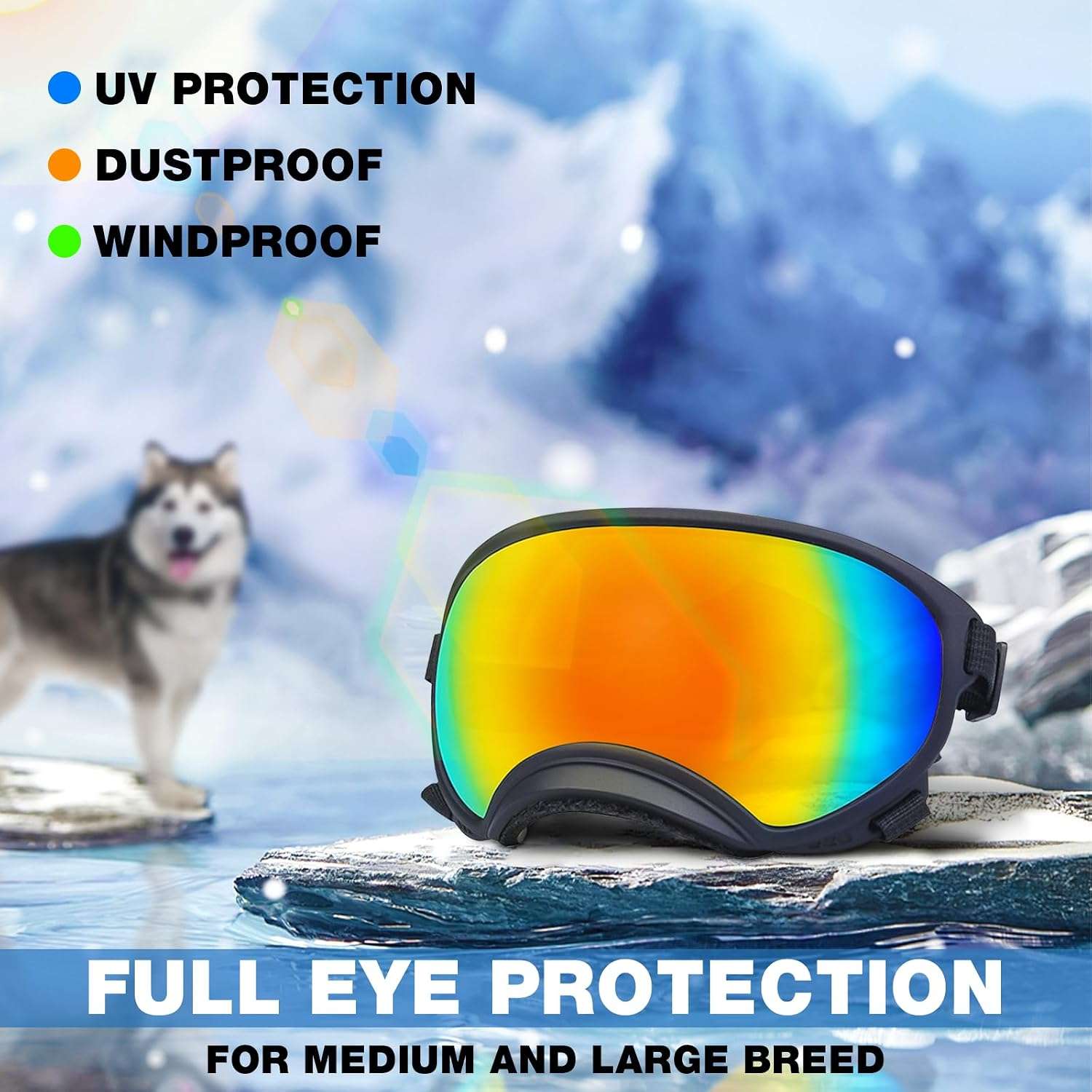 Lentes antiparras transparentes para perros grandes con estuche rigido proteccion UV y viento.