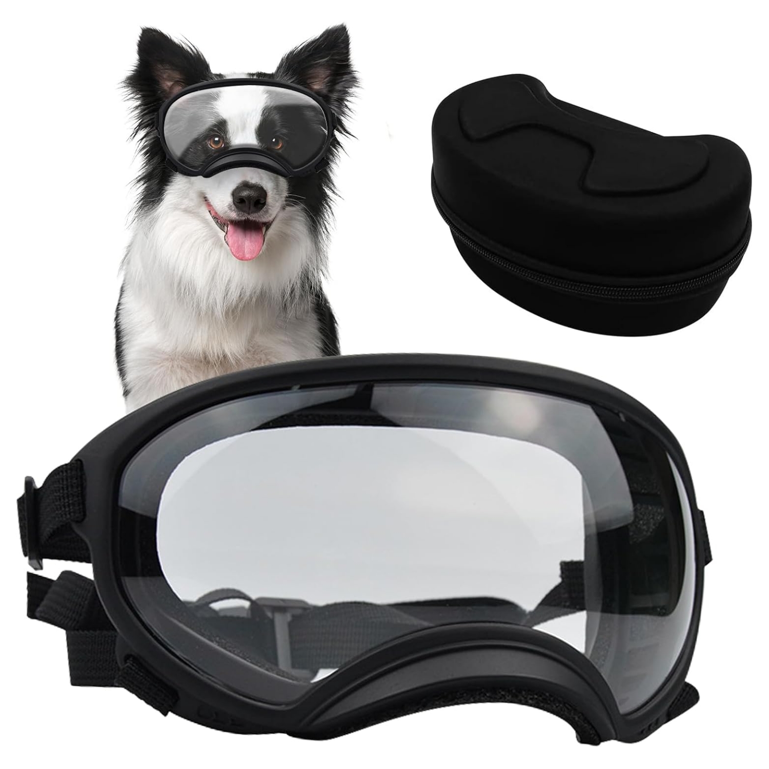 Lentes antiparras transparentes para perros grandes con estuche rigido proteccion UV y viento.