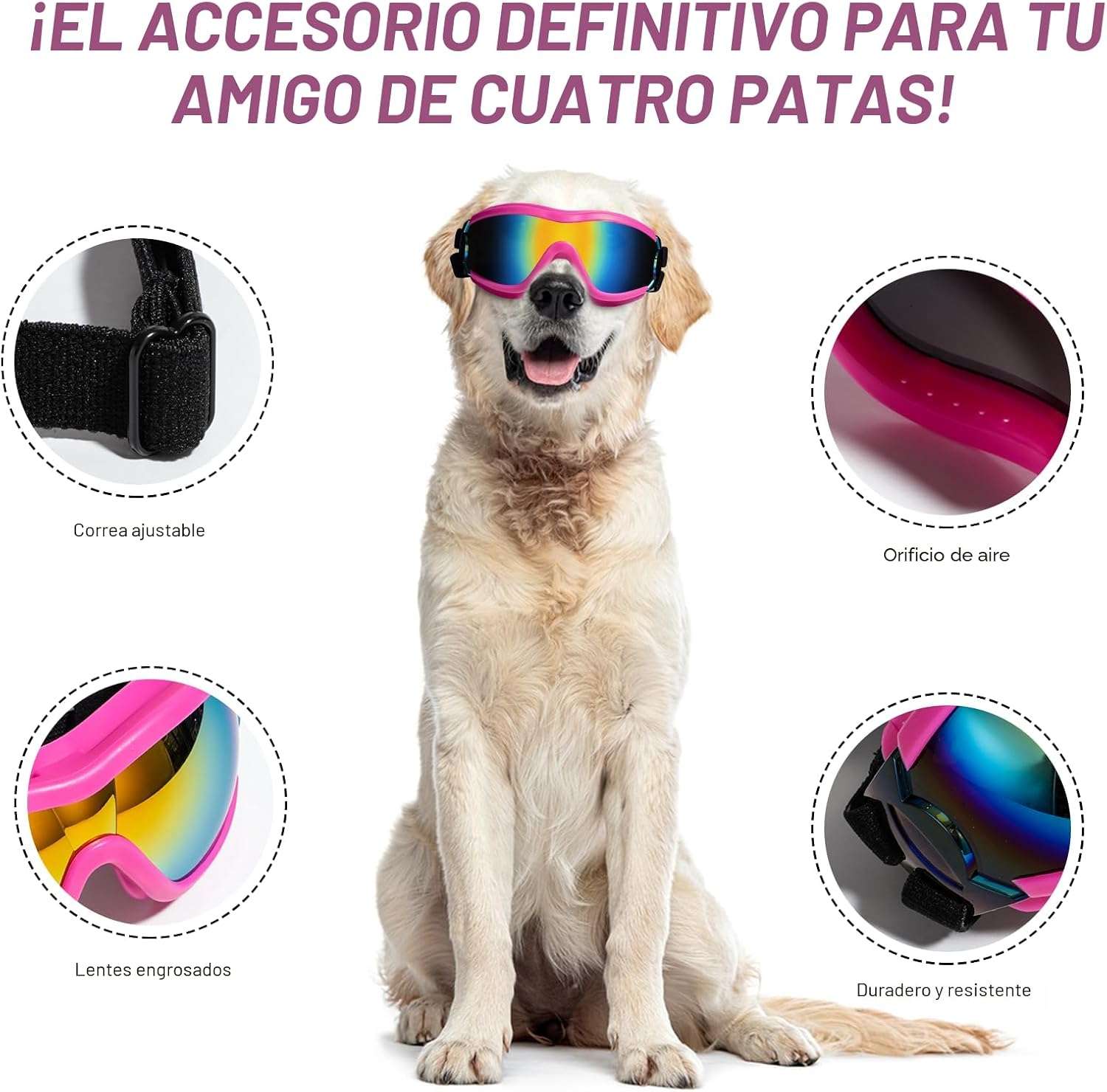 Lentes antiparras para perros con proteccion UV ajustables para moto y bicicleta.