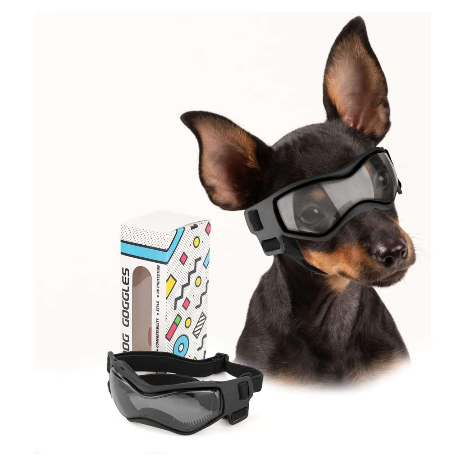 Lentes de sol antiparras para perros pequeños ajustables proteccion UV para auto.