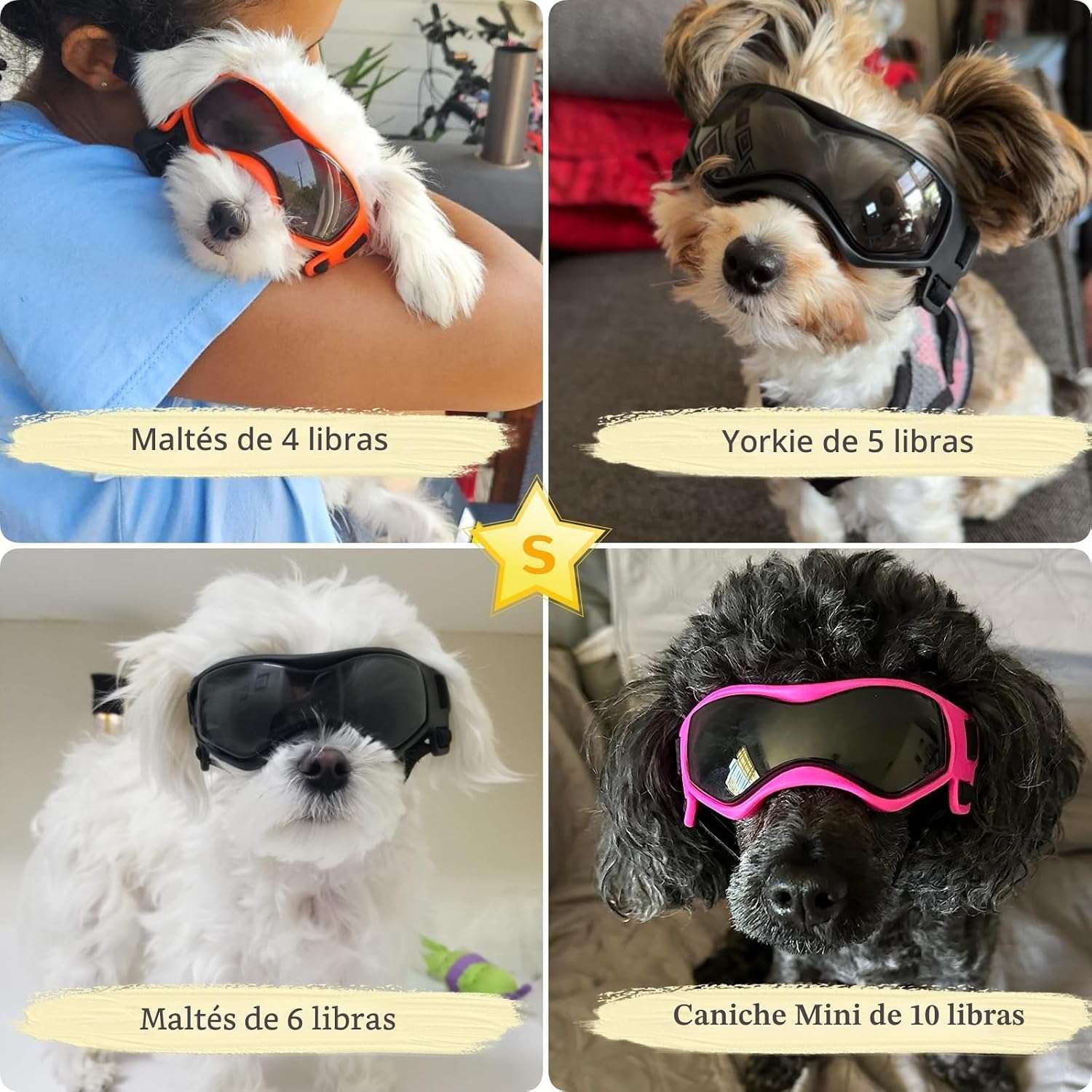 Lentes de sol antiparras para perros pequeños ajustables proteccion UV para auto.