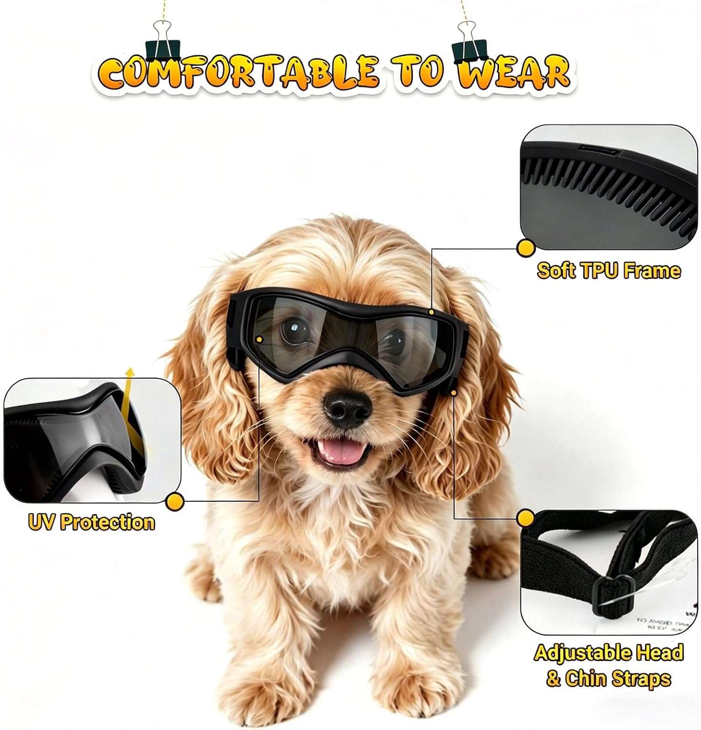 Lentes de sol antiparras para perros pequeños ajustables proteccion UV para auto.