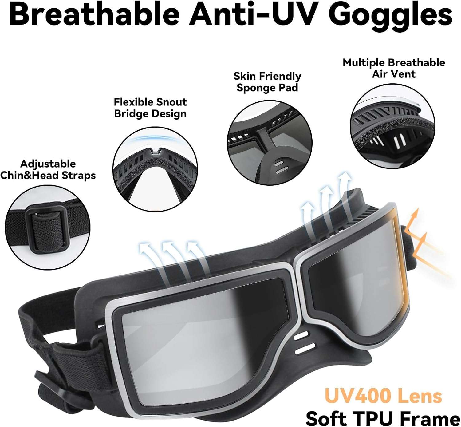 Lentes de sol estilo aviador para perros grandes con proteccion UV y correas ajustables.
