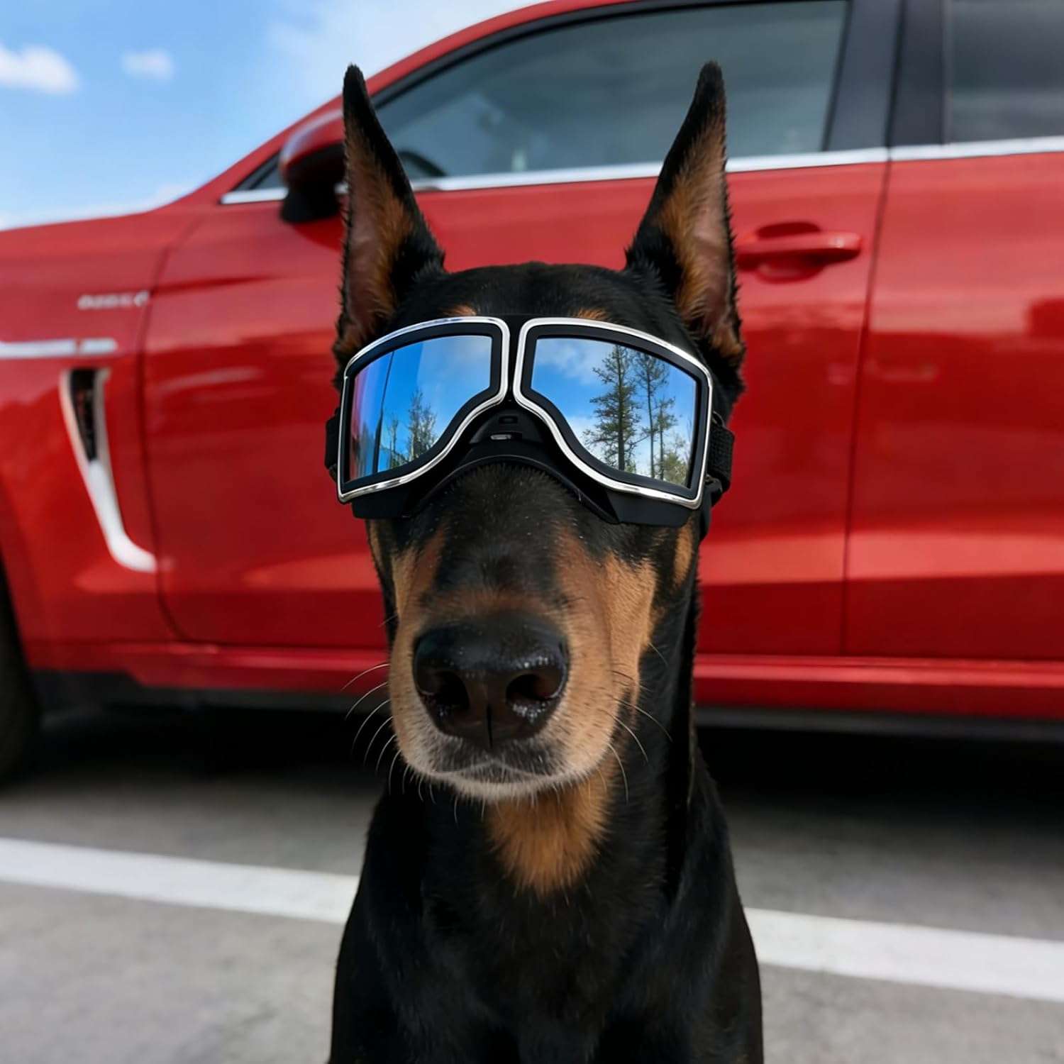 Lentes de sol estilo aviador para perros grandes con proteccion UV y correas ajustables.