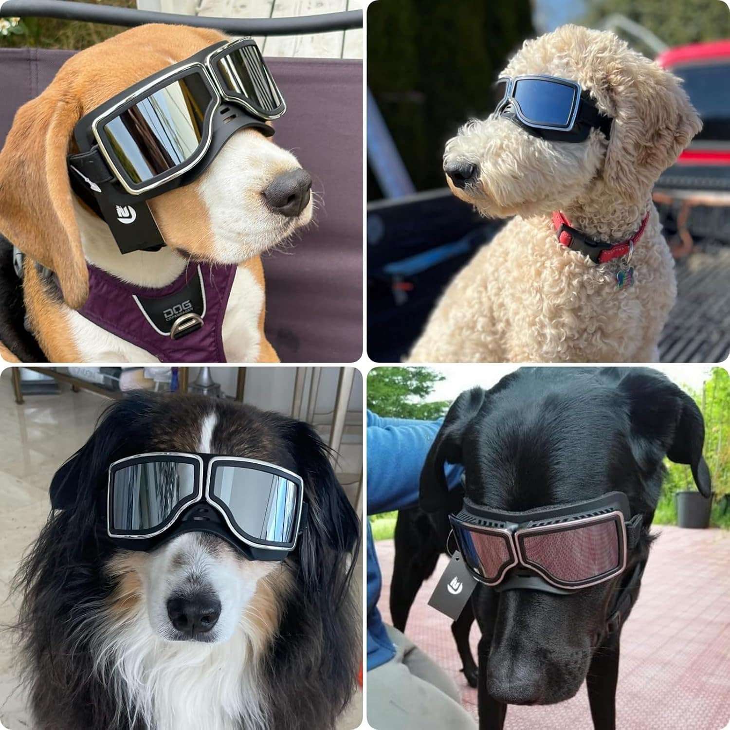 Lentes de sol estilo aviador para perros grandes con proteccion UV y correas ajustables.
